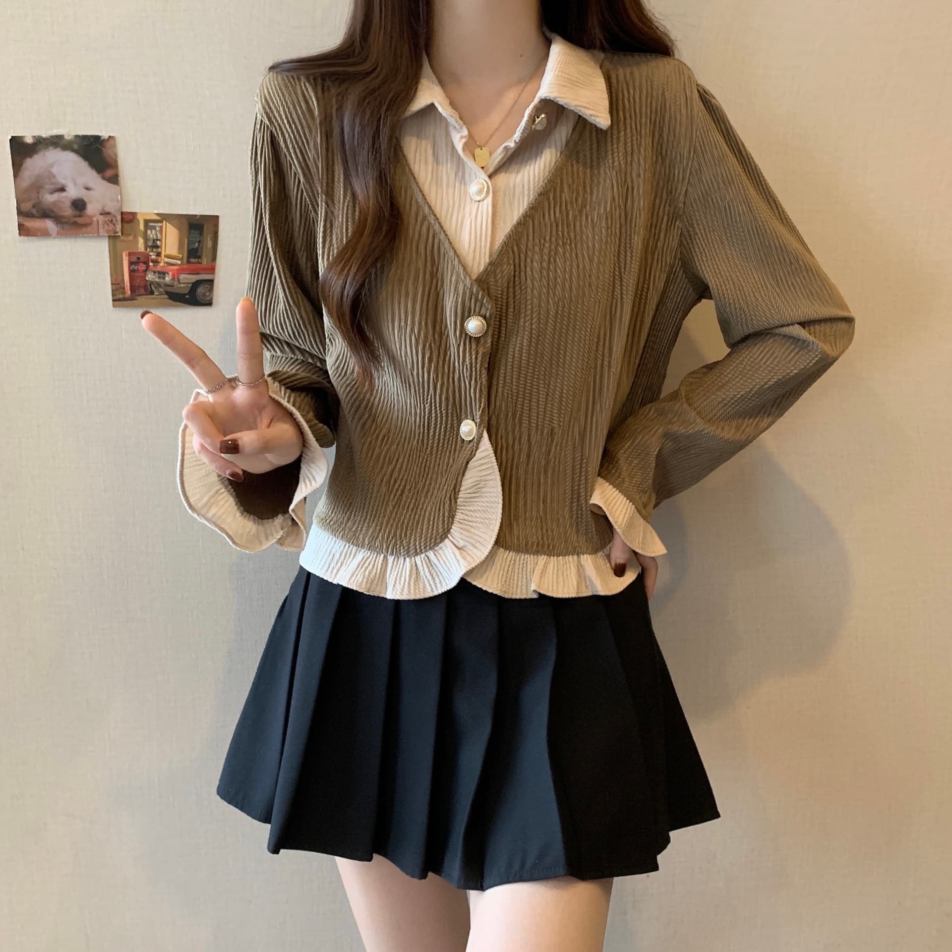 실사 빅 사이즈 여성 의류 2026 가을 새로운 프랑스식 레트로 주름 프릴 페이크 레이어드 맨위 상세 이미지 3