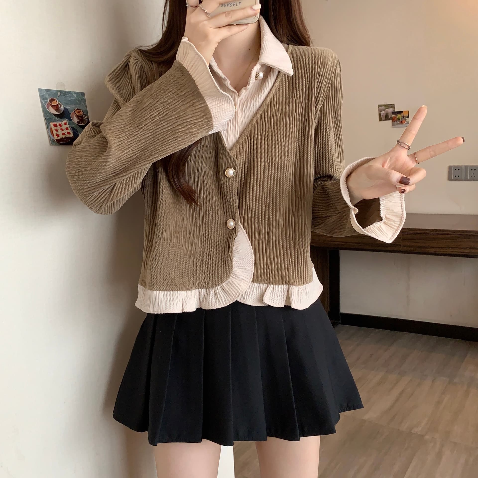 실사 빅 사이즈 여성 의류 2026 가을 새로운 프랑스식 레트로 주름 프릴 페이크 레이어드 맨위 상세 이미지 5