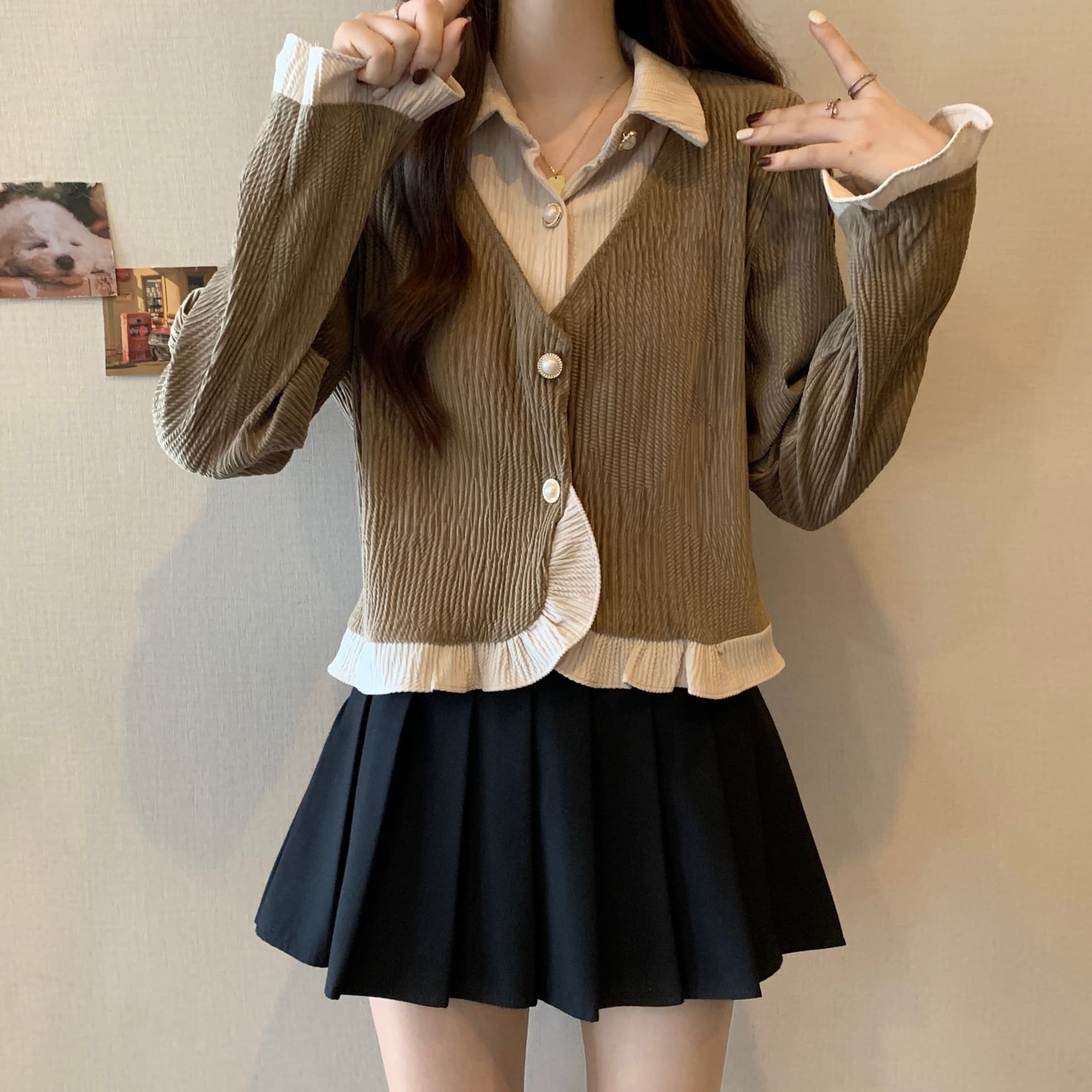 실사 빅 사이즈 여성 의류 2026 가을 새로운 프랑스식 레트로 주름 프릴 페이크 레이어드 맨위 상세 이미지 10