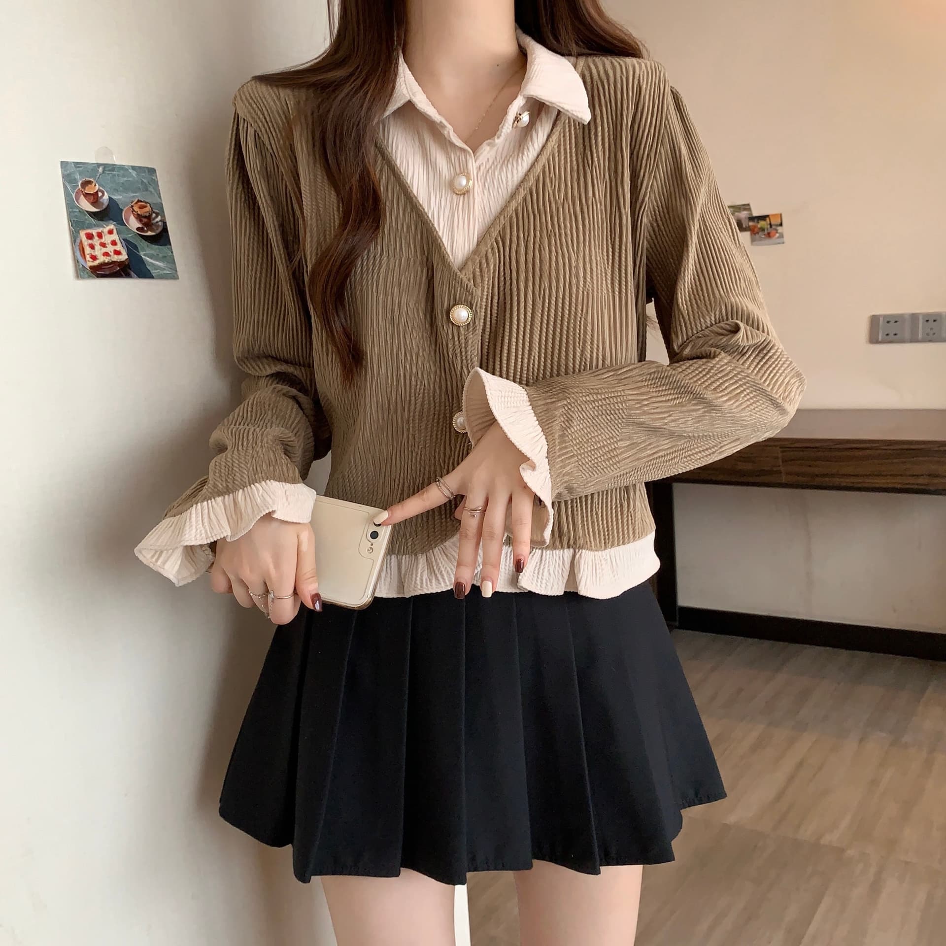 실사 빅 사이즈 여성 의류 2026 가을 새로운 프랑스식 레트로 주름 프릴 페이크 레이어드 맨위 상세 이미지 11