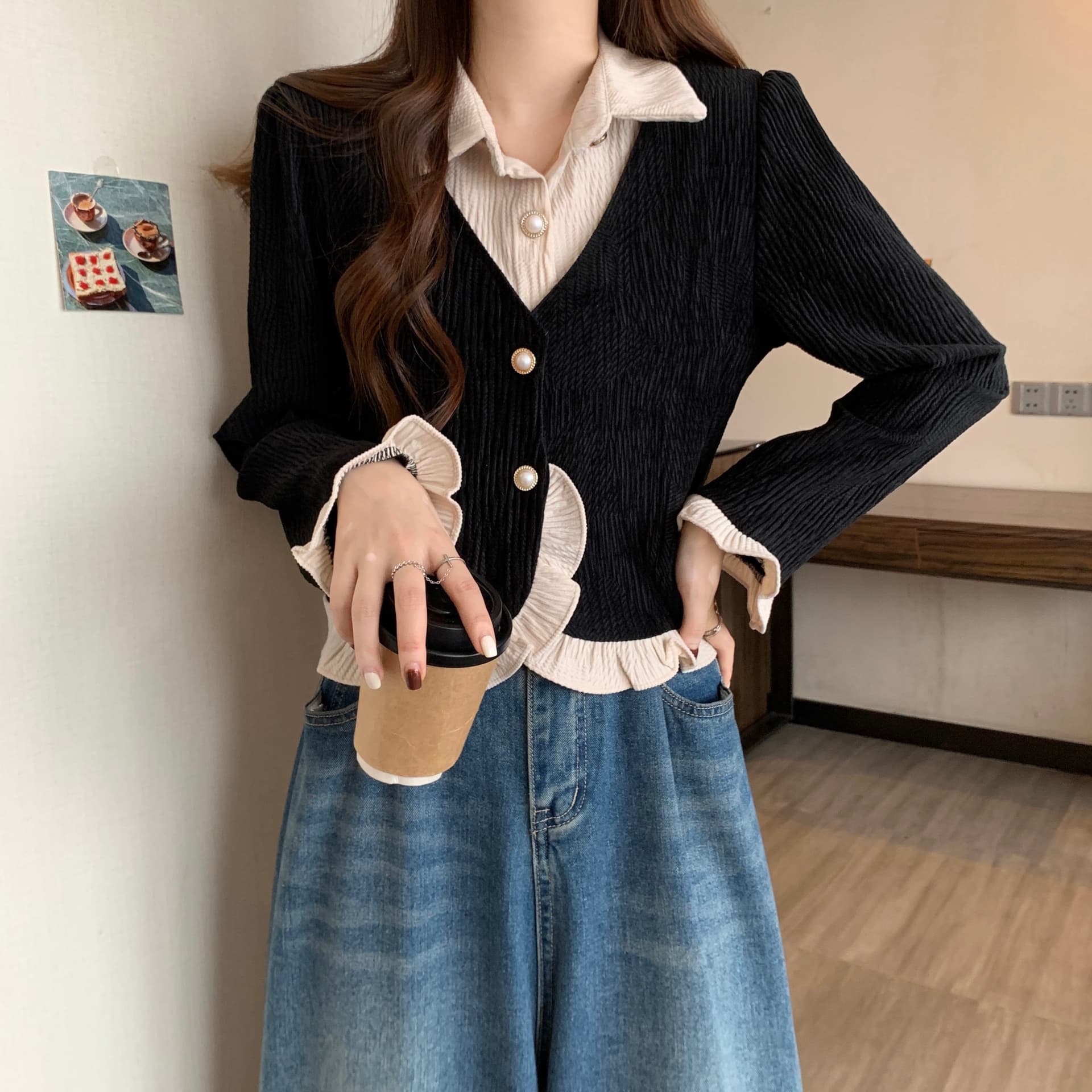실사 빅 사이즈 여성 의류 2026 가을 새로운 프랑스식 레트로 주름 프릴 페이크 레이어드 맨위 상세 이미지 13