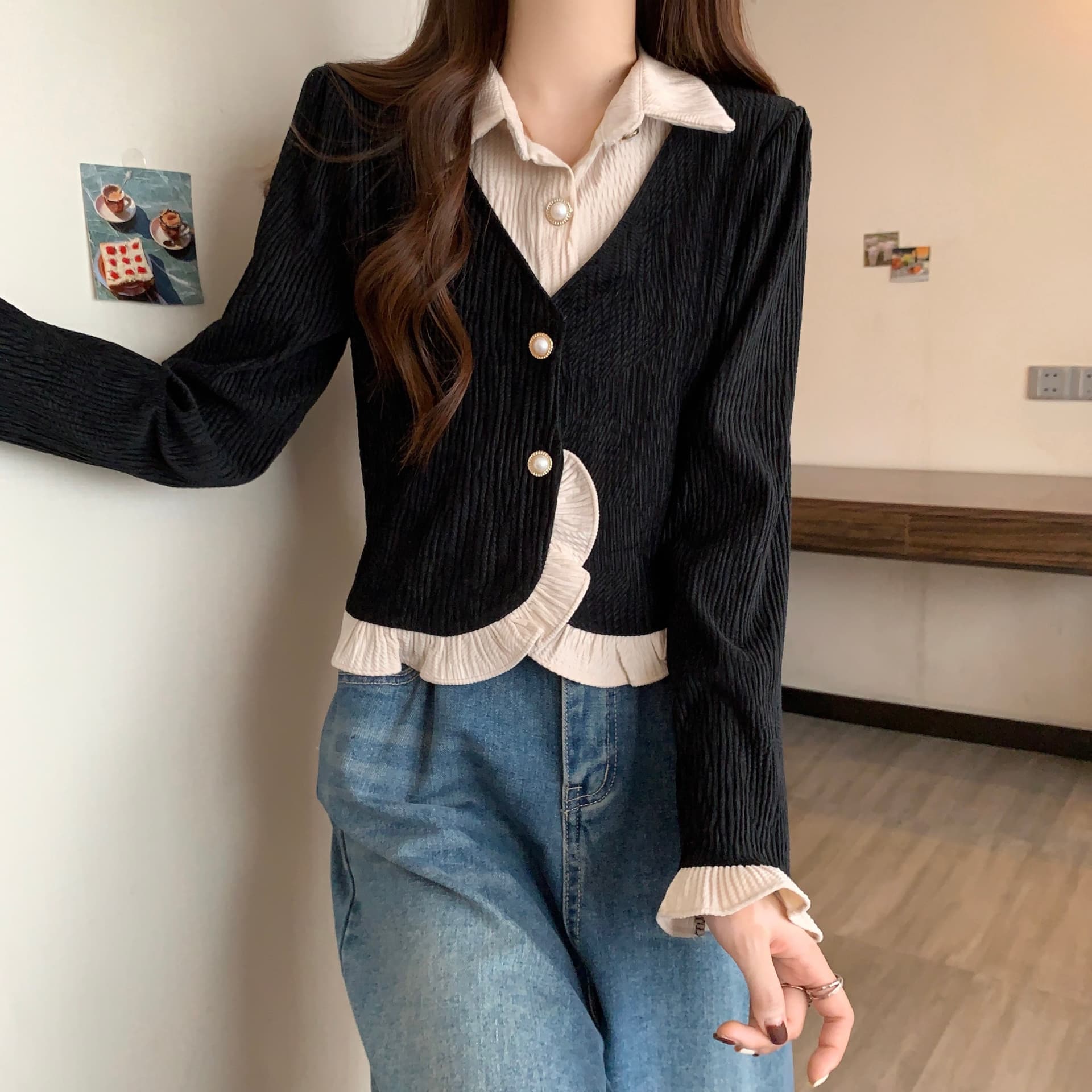 실사 빅 사이즈 여성 의류 2026 가을 새로운 프랑스식 레트로 주름 프릴 페이크 레이어드 맨위 상세 이미지 15