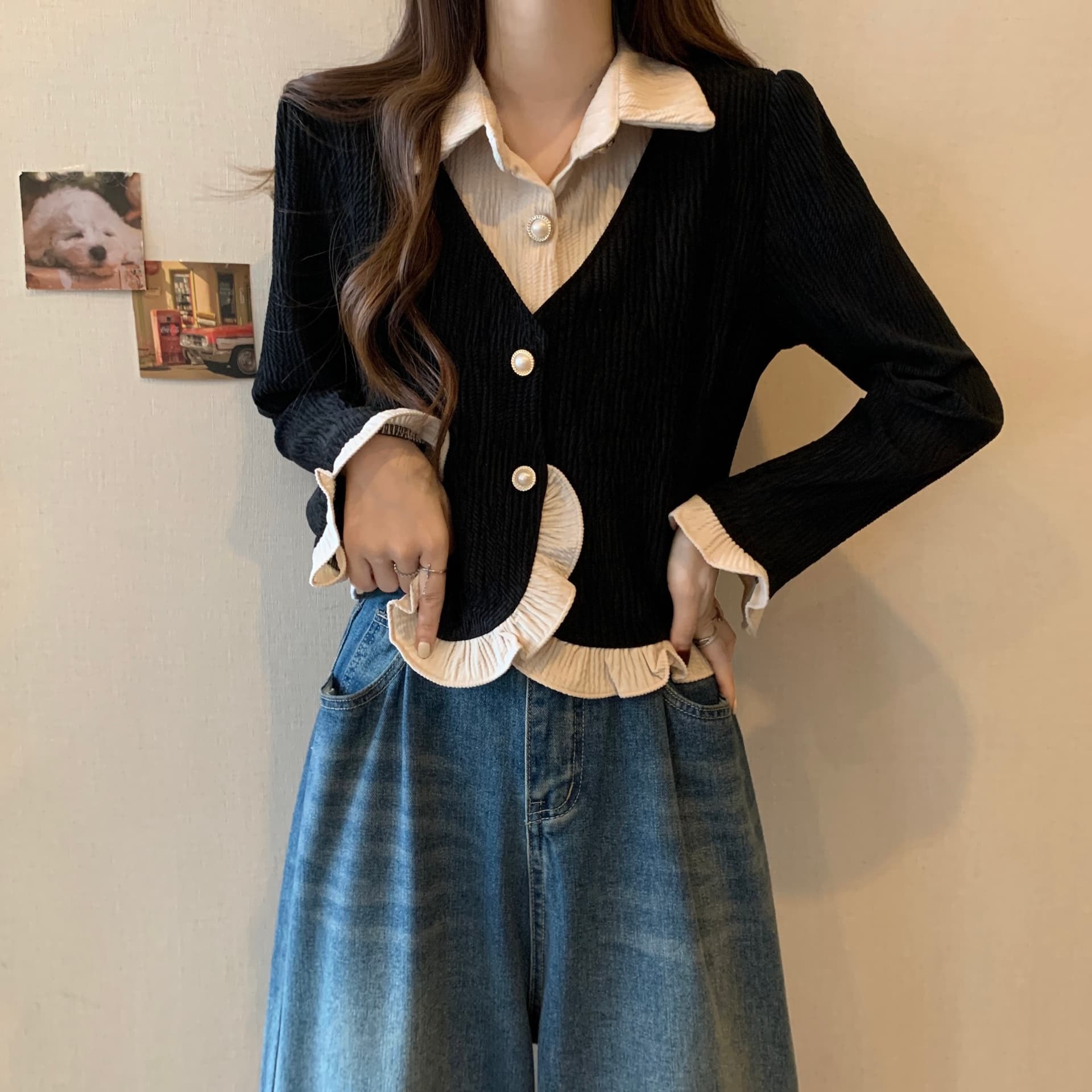 실사 빅 사이즈 여성 의류 2026 가을 새로운 프랑스식 레트로 주름 프릴 페이크 레이어드 맨위 상세 이미지 16