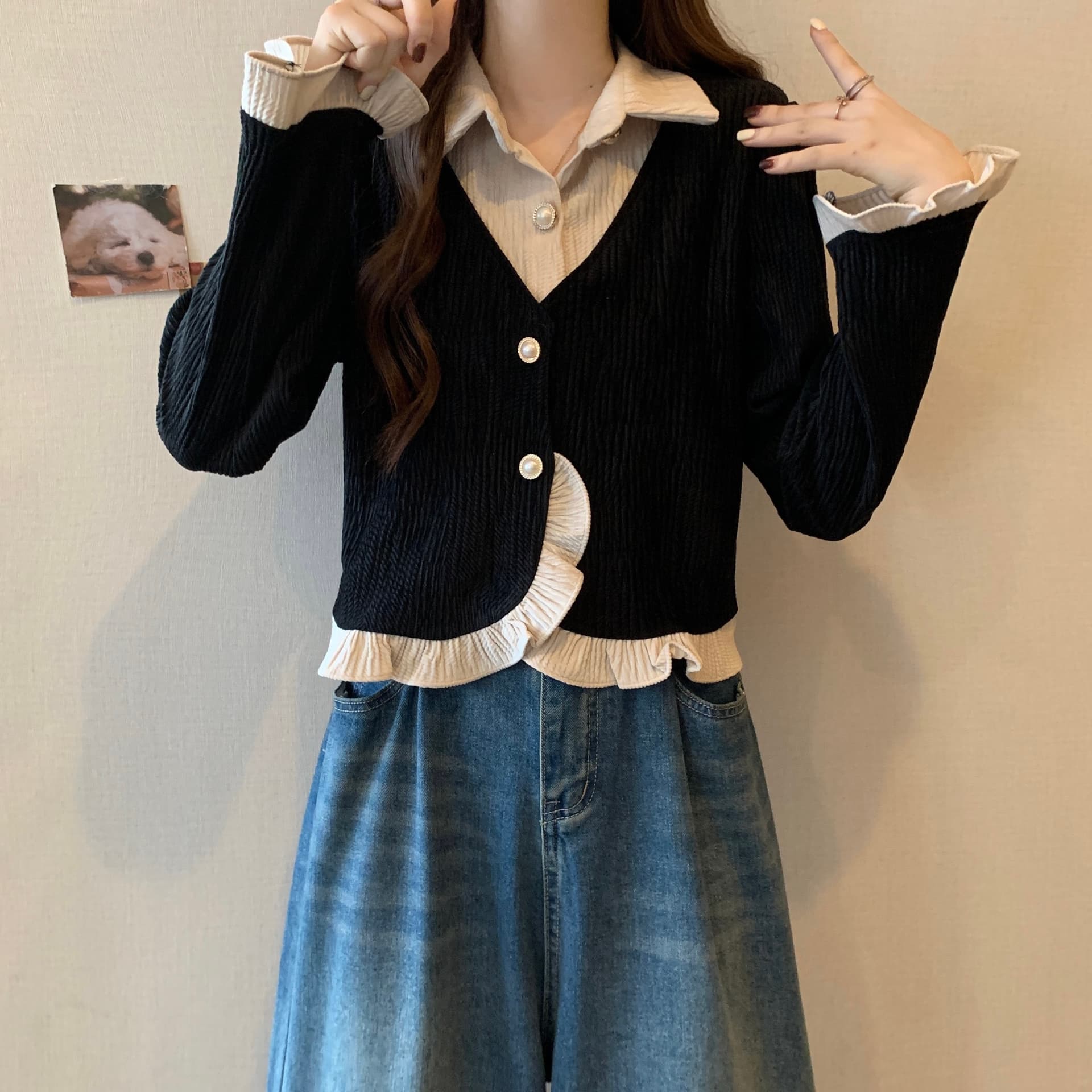 실사 빅 사이즈 여성 의류 2026 가을 새로운 프랑스식 레트로 주름 프릴 페이크 레이어드 맨위 상세 이미지 19