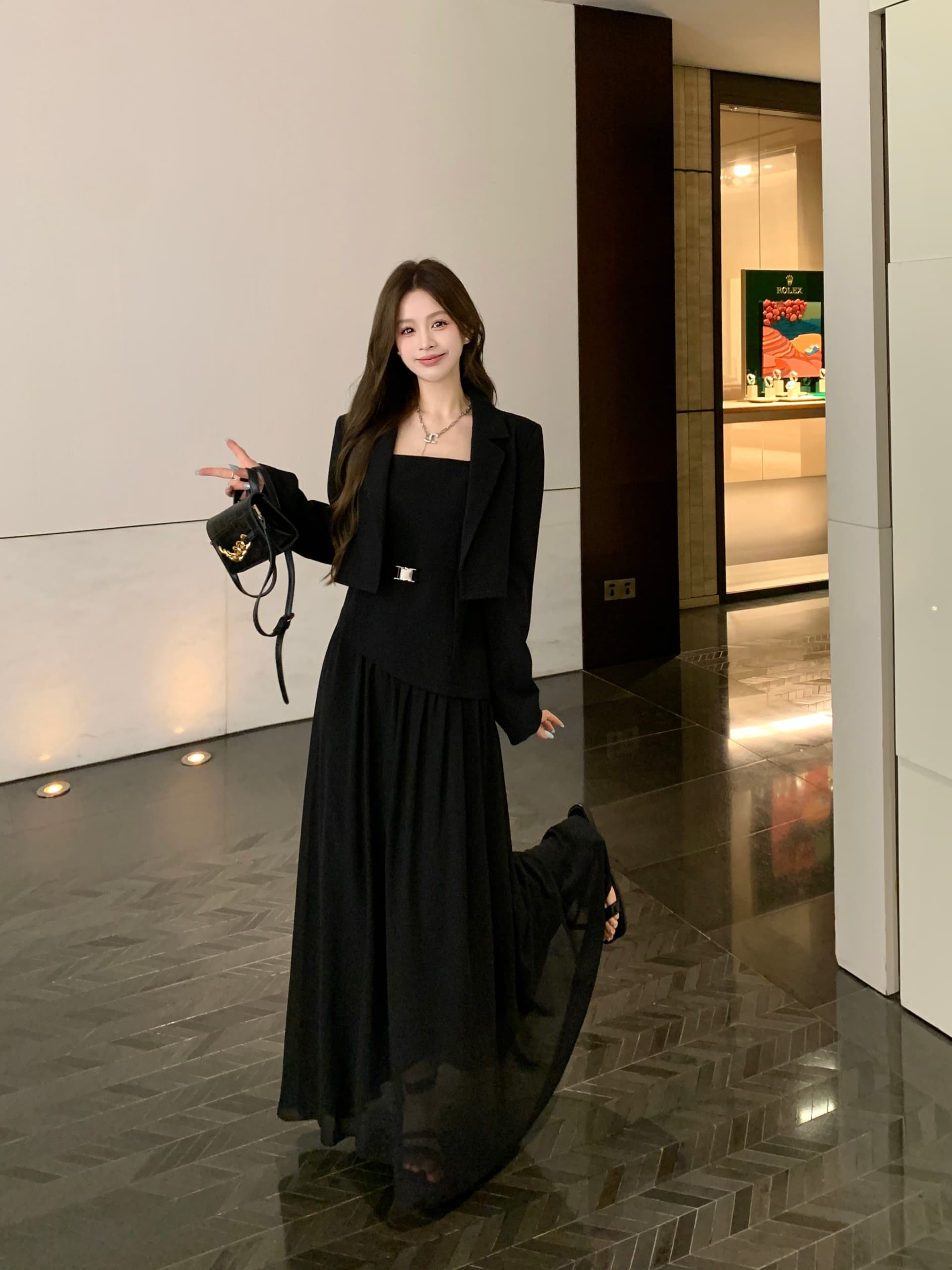 실사 빅 사이즈 여성 의류 2026 가을 새로운 빛 럭셔리 품격 미니멀리즘 쇼트 스타일 재킷 패치워크 슬립 드레스 투피스 세트 상세 이미지 17