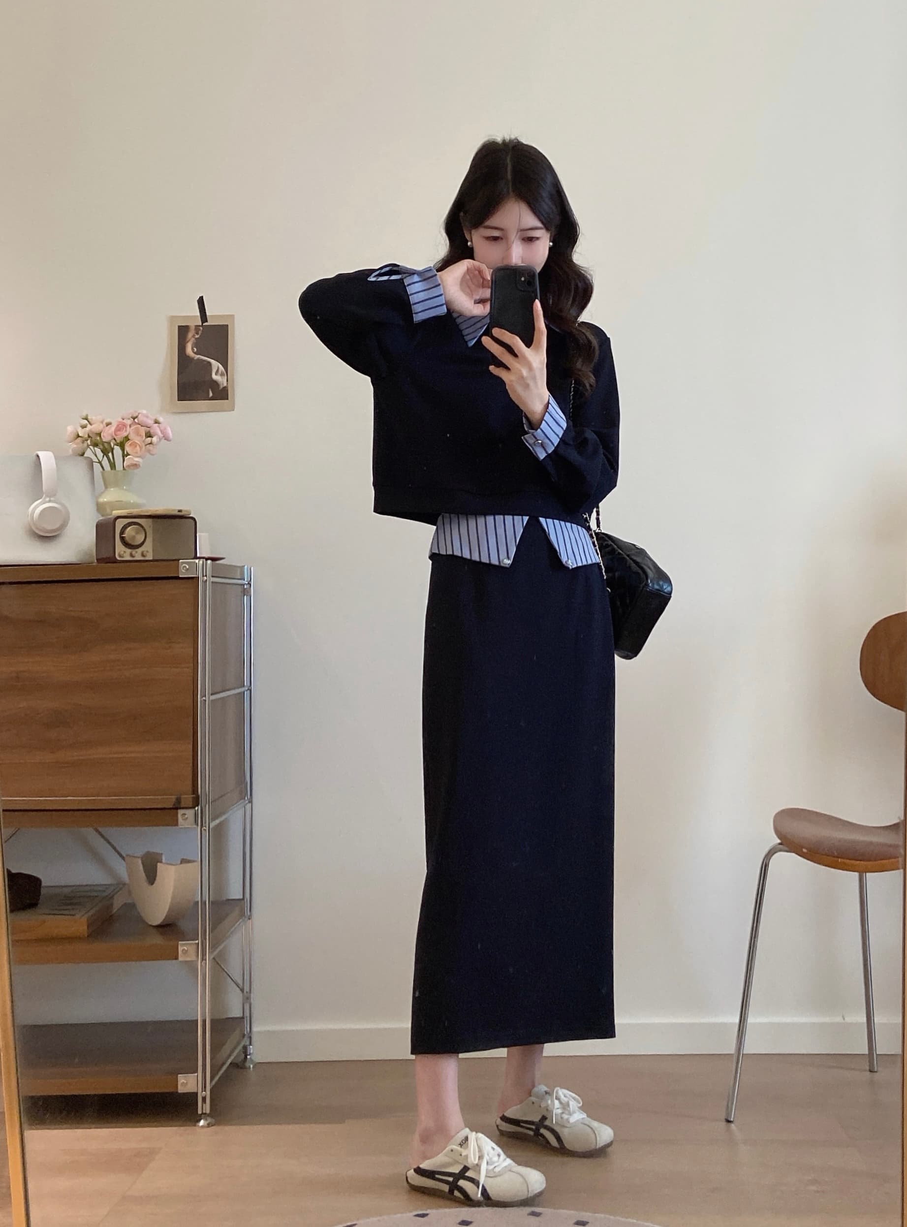 실사 빅 사이즈 여성 의류 2026 가을 새로운 블루 스트라이프 곡물 패치워크 후드티 캐주얼 패션 반 스커트 투피스 세트 이미지 3