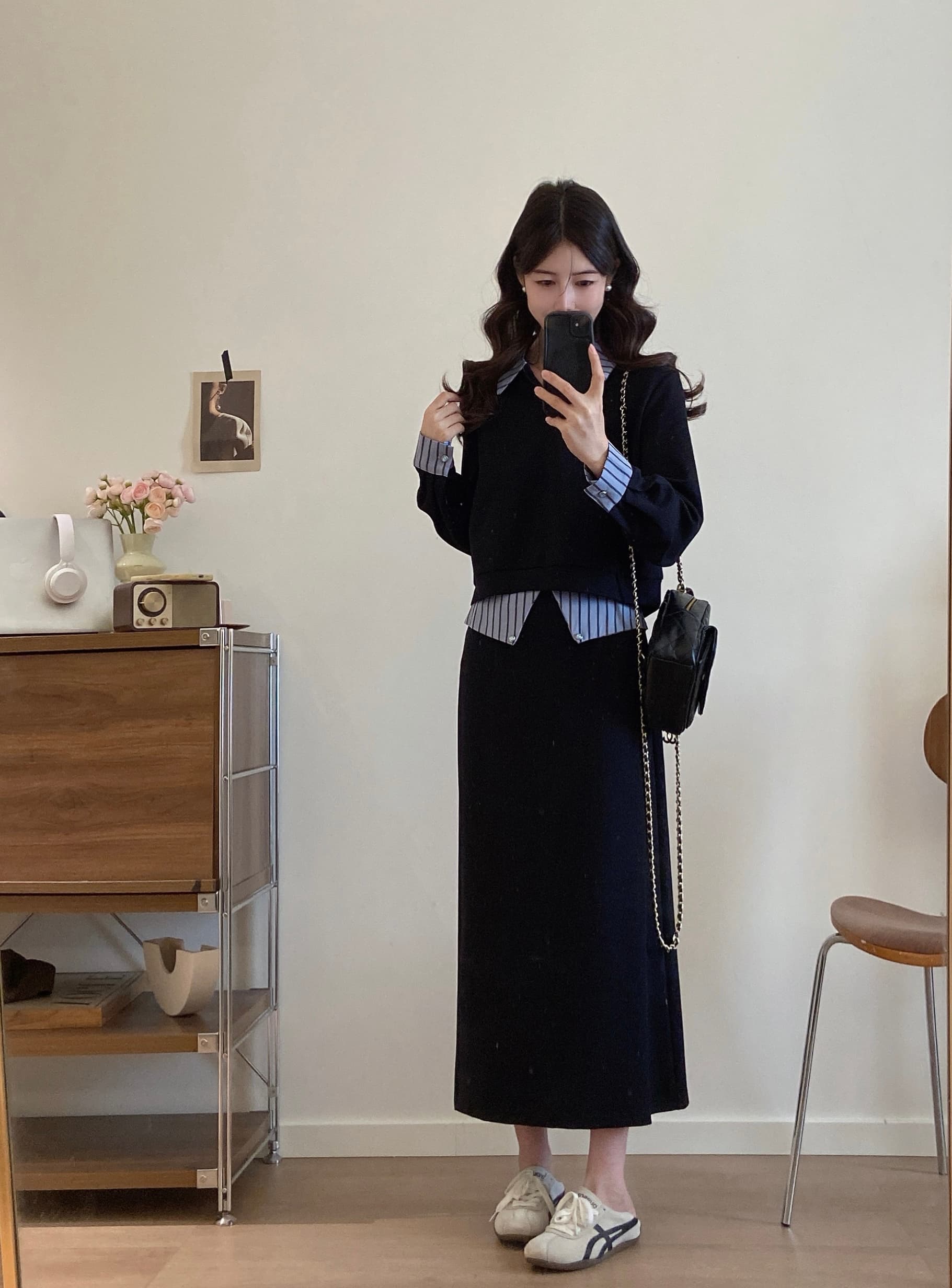 실사 빅 사이즈 여성 의류 2026 가을 새로운 블루 스트라이프 곡물 패치워크 후드티 캐주얼 패션 반 스커트 투피스 세트 상세 이미지 3