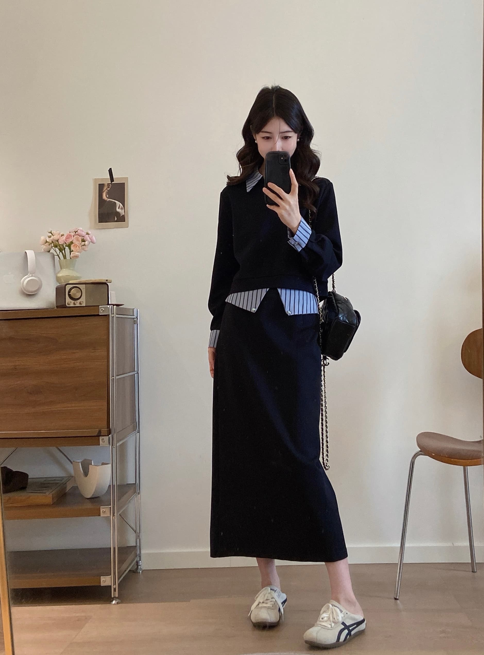 실사 빅 사이즈 여성 의류 2026 가을 새로운 블루 스트라이프 곡물 패치워크 후드티 캐주얼 패션 반 스커트 투피스 세트 상세 이미지 6