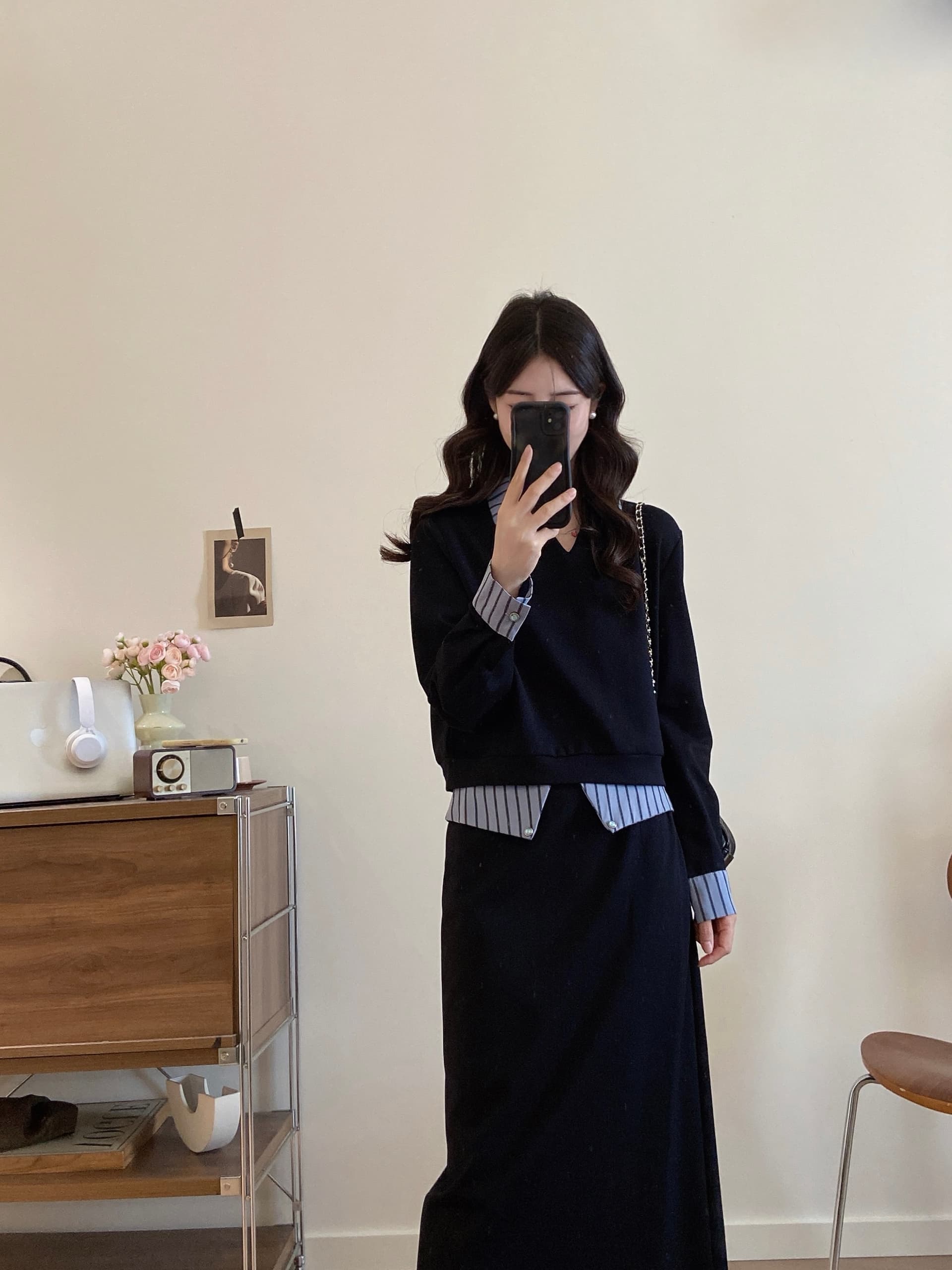 실사 빅 사이즈 여성 의류 2026 가을 새로운 블루 스트라이프 곡물 패치워크 후드티 캐주얼 패션 반 스커트 투피스 세트 상세 이미지 8