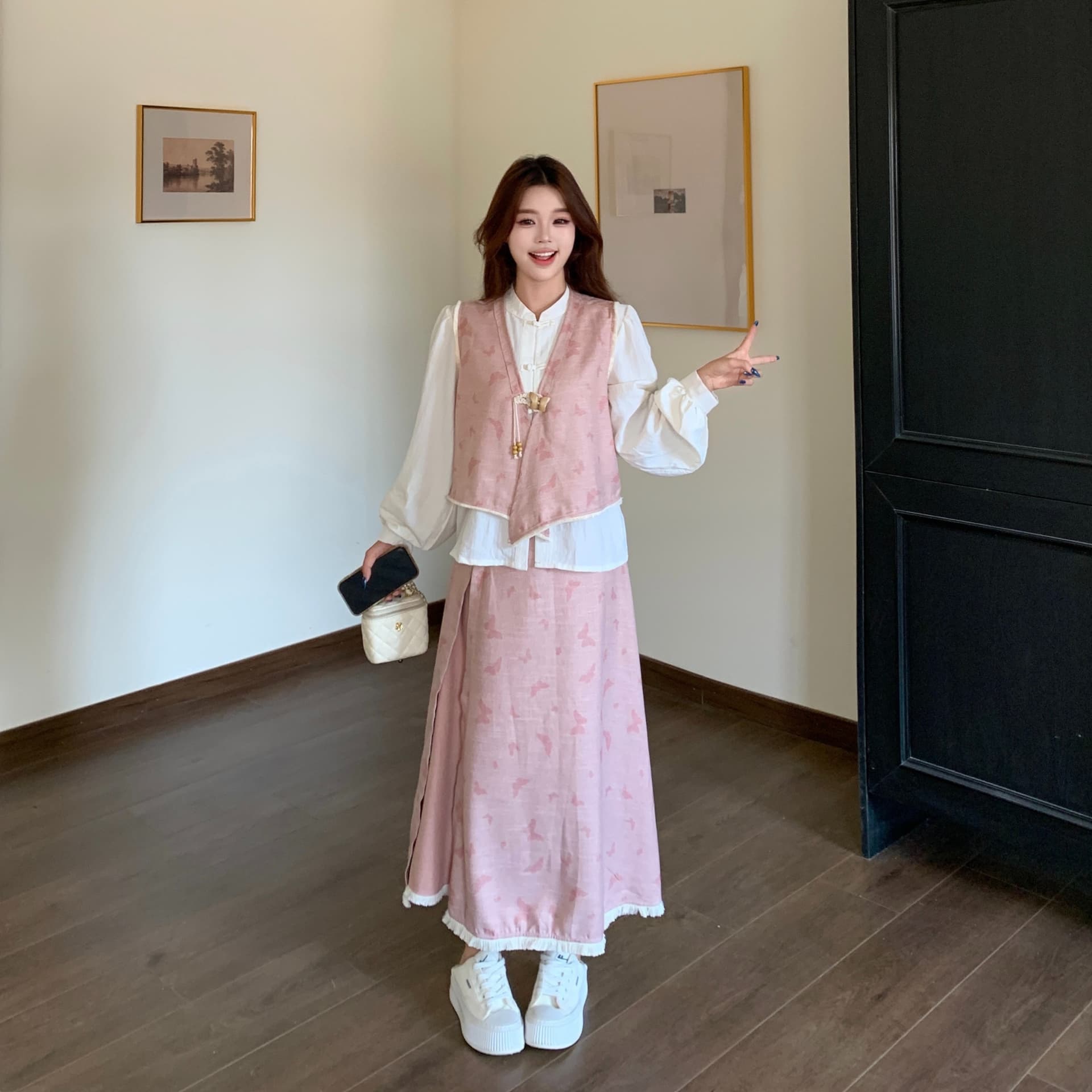 실사 빅 사이즈 여성 의류 2026 가을 새로운 새로운 중식 나비 프린트 베스트 셔츠 반신 스커트 3종 세트 이미지 4