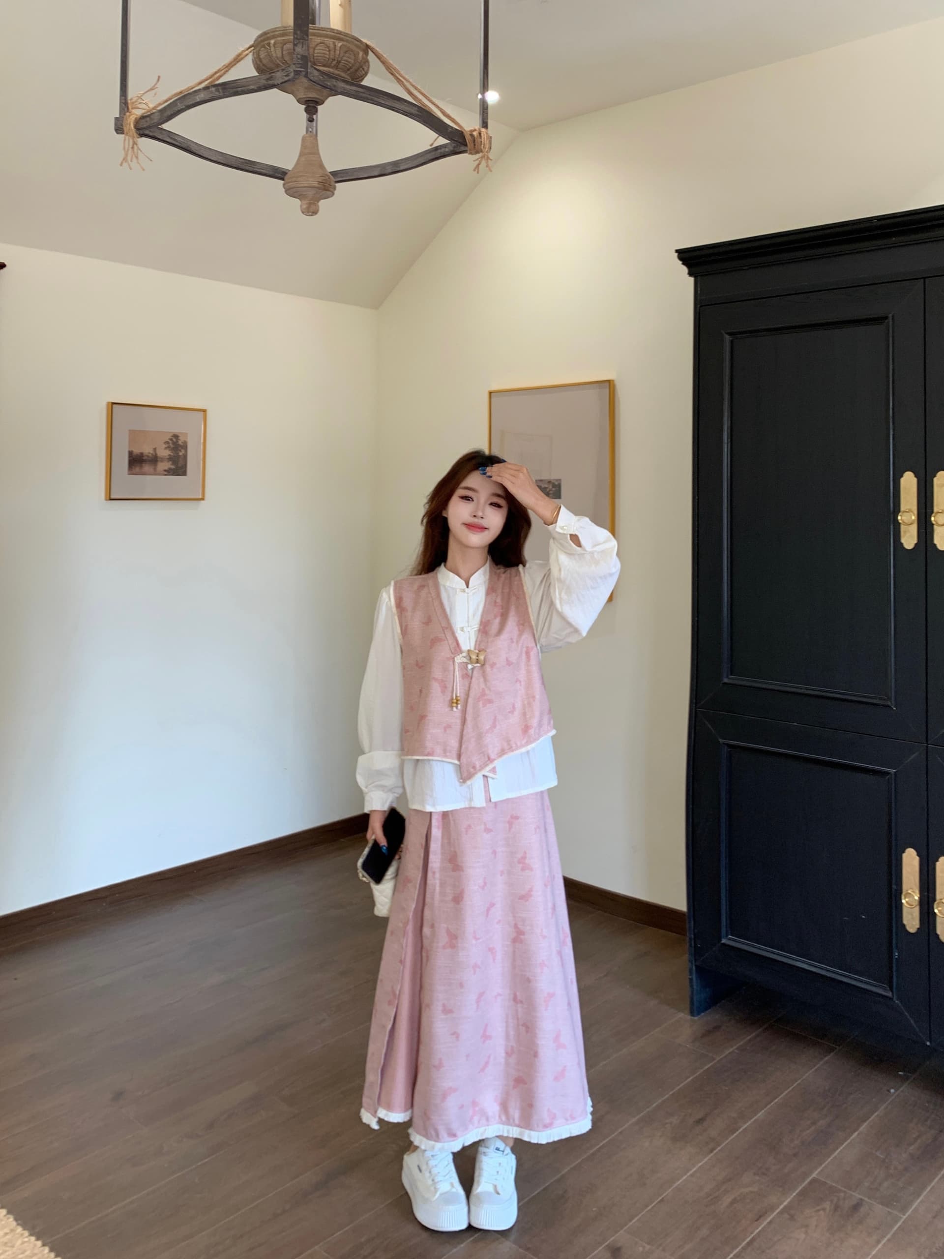 실사 빅 사이즈 여성 의류 2026 가을 새로운 새로운 중식 나비 프린트 베스트 셔츠 반신 스커트 3종 세트 상세 이미지 12