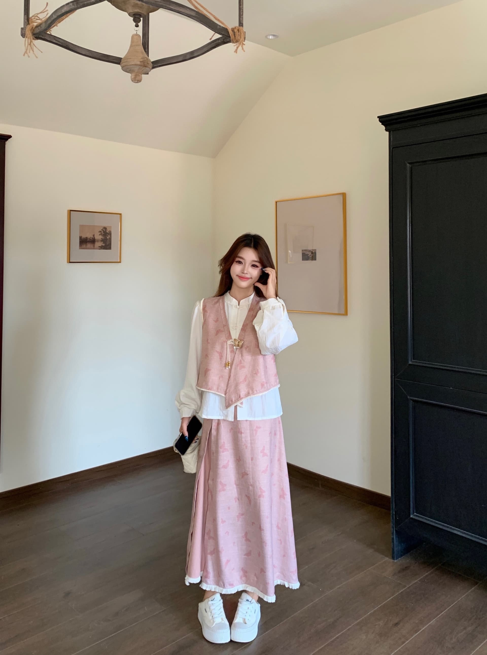 실사 빅 사이즈 여성 의류 2026 가을 새로운 새로운 중식 나비 프린트 베스트 셔츠 반신 스커트 3종 세트 상세 이미지 16