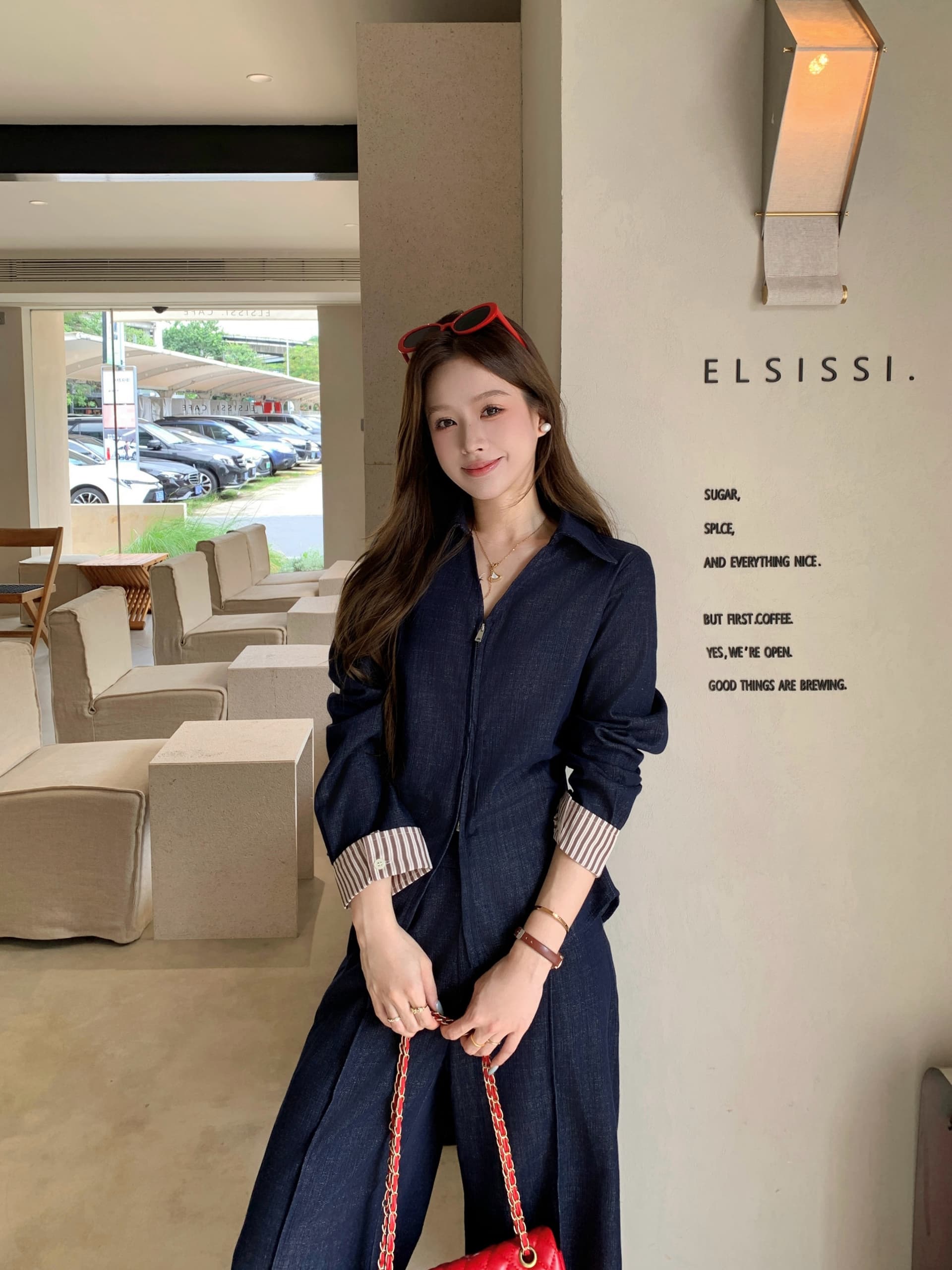 실사 빅 사이즈 여성 의류 2026 가을 새로운 레트로 캐주얼 지퍼 셔츠 하이웨이스트 스트레이트 팬츠 투피스 세트 상세 이미지 8