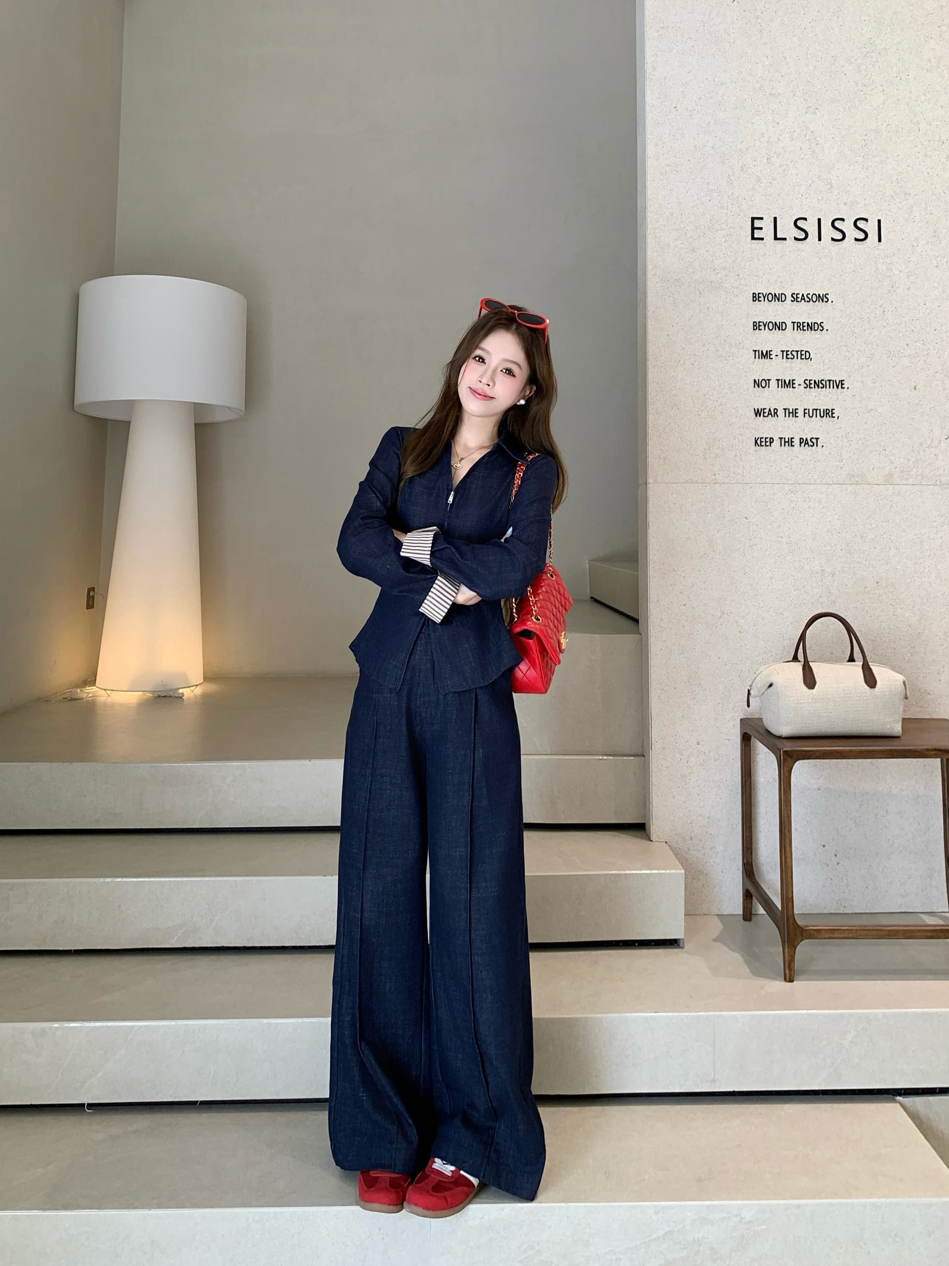 실사 빅 사이즈 여성 의류 2026 가을 새로운 레트로 캐주얼 지퍼 셔츠 하이웨이스트 스트레이트 팬츠 투피스 세트 상세 이미지 12