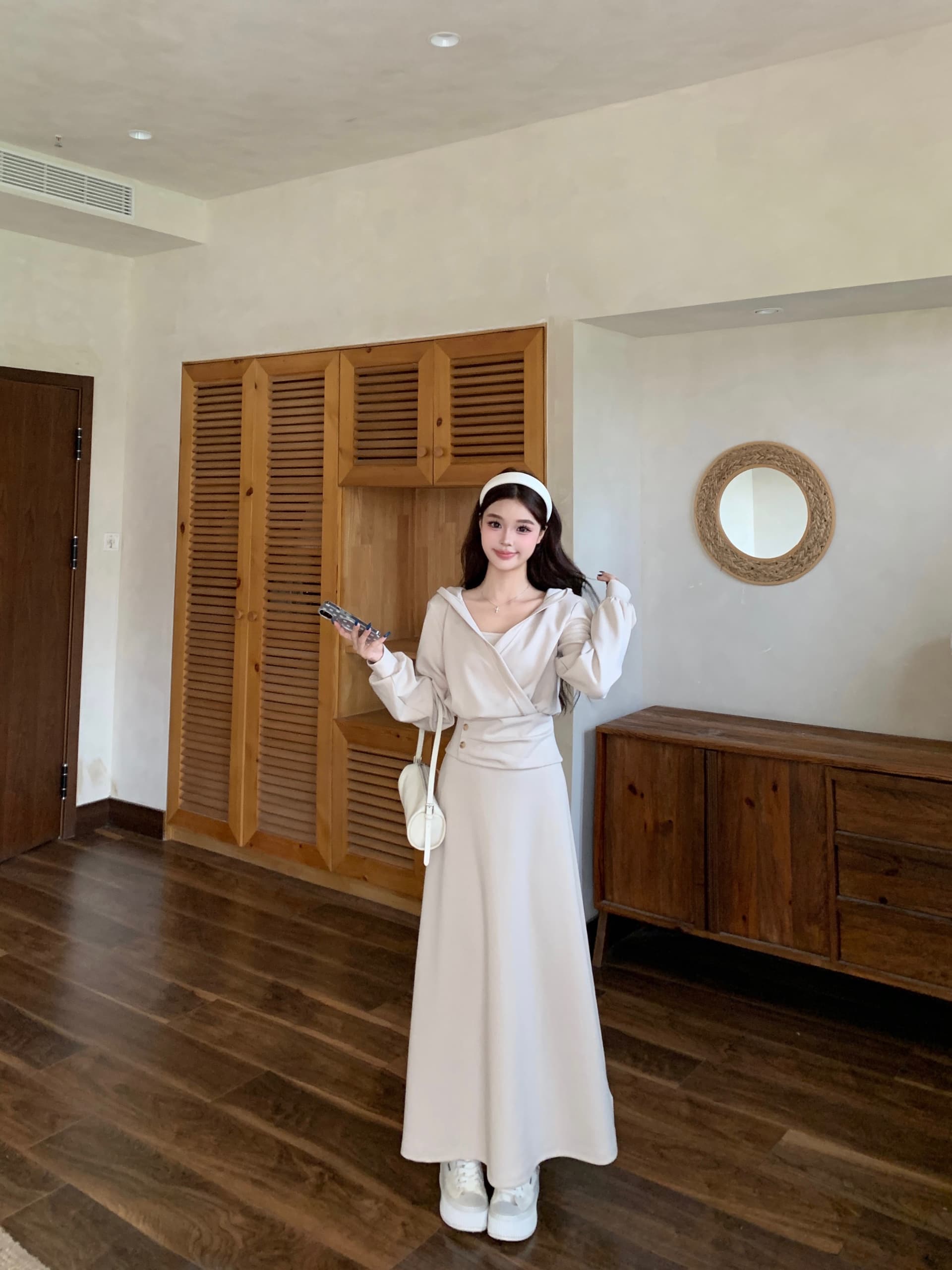실사 빅 사이즈 여성 의류 2026 가을 새로운 프랑스식 부드러운 긴팔 후드티 슬립 드레스 투피스 세트 상세 이미지 8