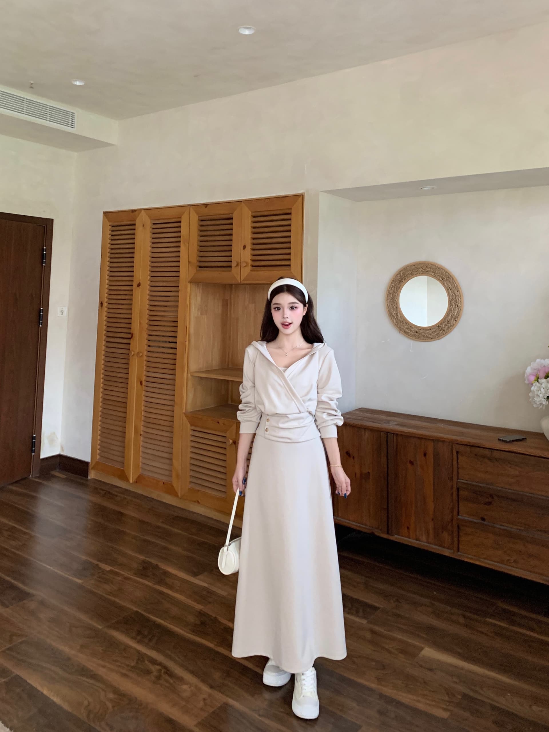 실사 빅 사이즈 여성 의류 2026 가을 새로운 프랑스식 부드러운 긴팔 후드티 슬립 드레스 투피스 세트 상세 이미지 16