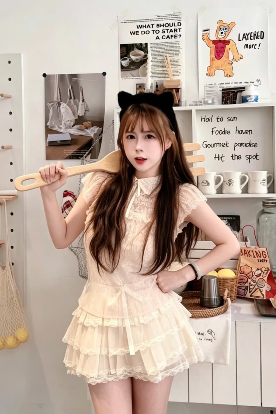 여름 새로운 한 부서 인형 케이크 드레스 달콤함 연령 감소 퍼프 미니 스커트 레이스 레이스 패치워크 층 반 스커트 이미지 7