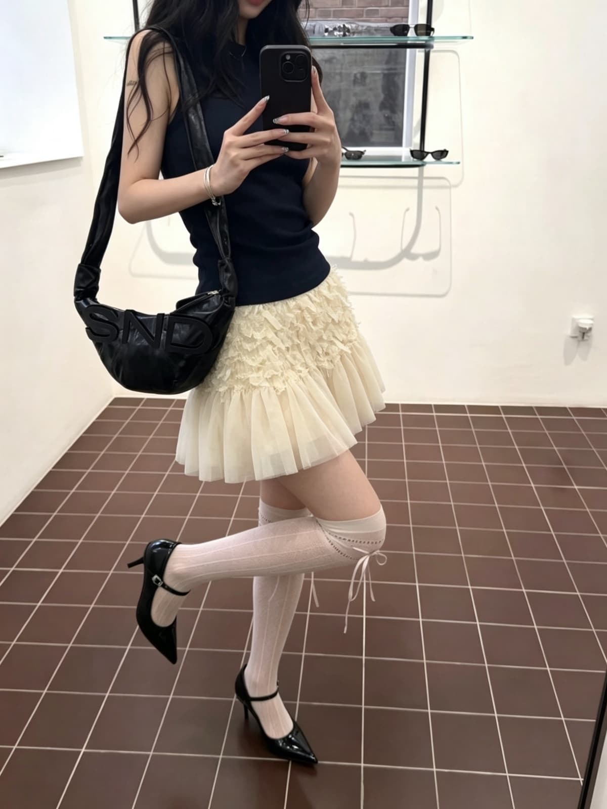 여름 새로운 프랑스식 무거운 작업 부드러운 바람 자카드 술 반신 스커트 슈퍼 잘 생긴 쉬폰 프릴 패치워크 미니 스커트 상세 이미지 6