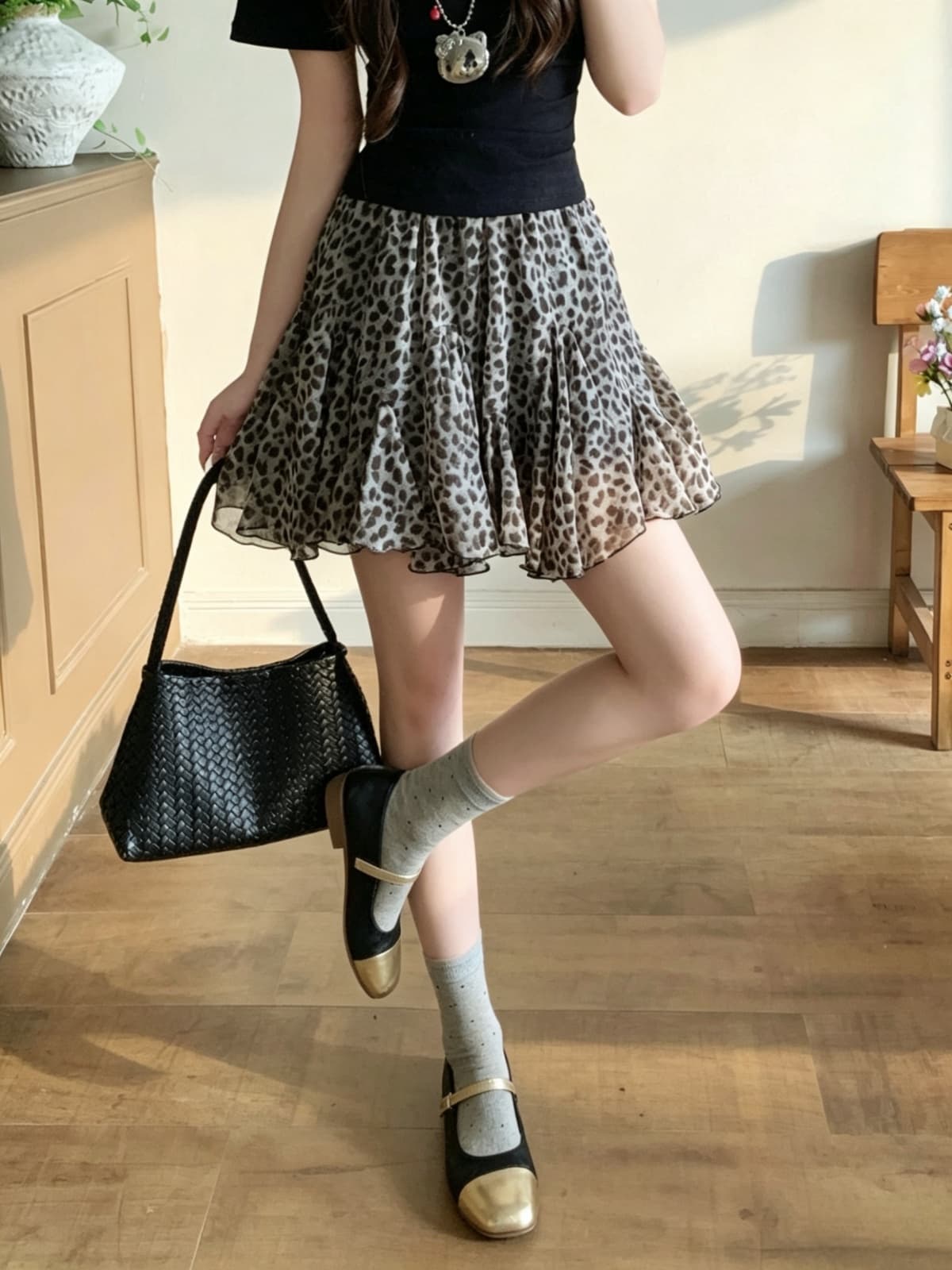 여름 새로운 무거운 작업 큰 진자 패치워크 레오파드 무늬 반신 스커트 한 부서 ins 다용도 슬림해 보이는 한 마디 쉬폰 미니 스커트