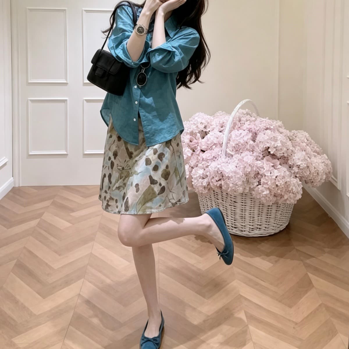 여름 새로운 한 부서 chic 부드러운 바람 패션 다용도 파란색 꽃무늬 반신 스커트 쉬폰 거즈 스커트 한 마디 중간 스커트 이미지 5