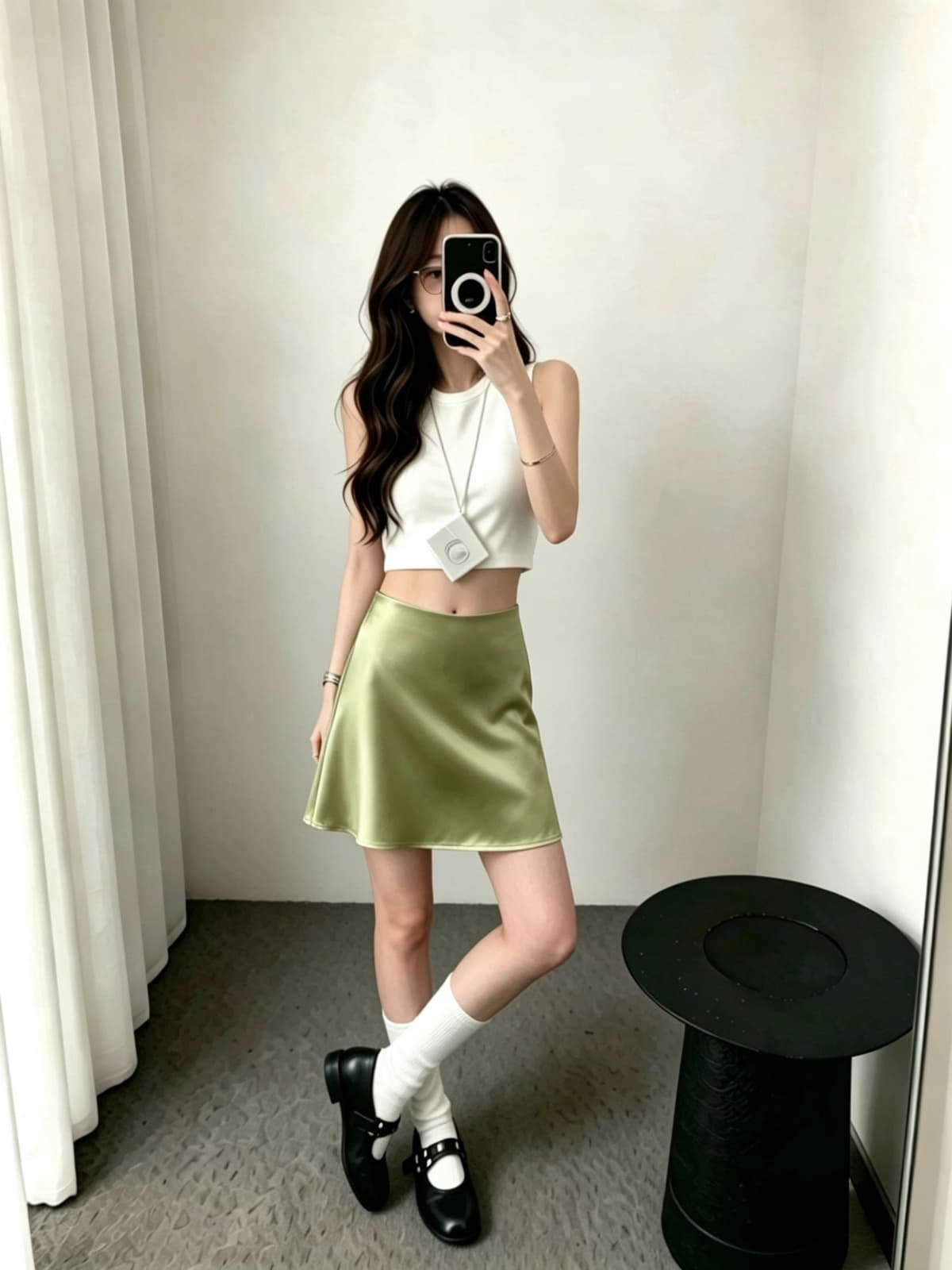 여름 새로운 한 스타일 미니멀리즘 단색 아세트산 광택 반신 스커트 다용도 슬림해 보이는 한 마디 녹색 새틴 미니 스커트 상세 이미지 1