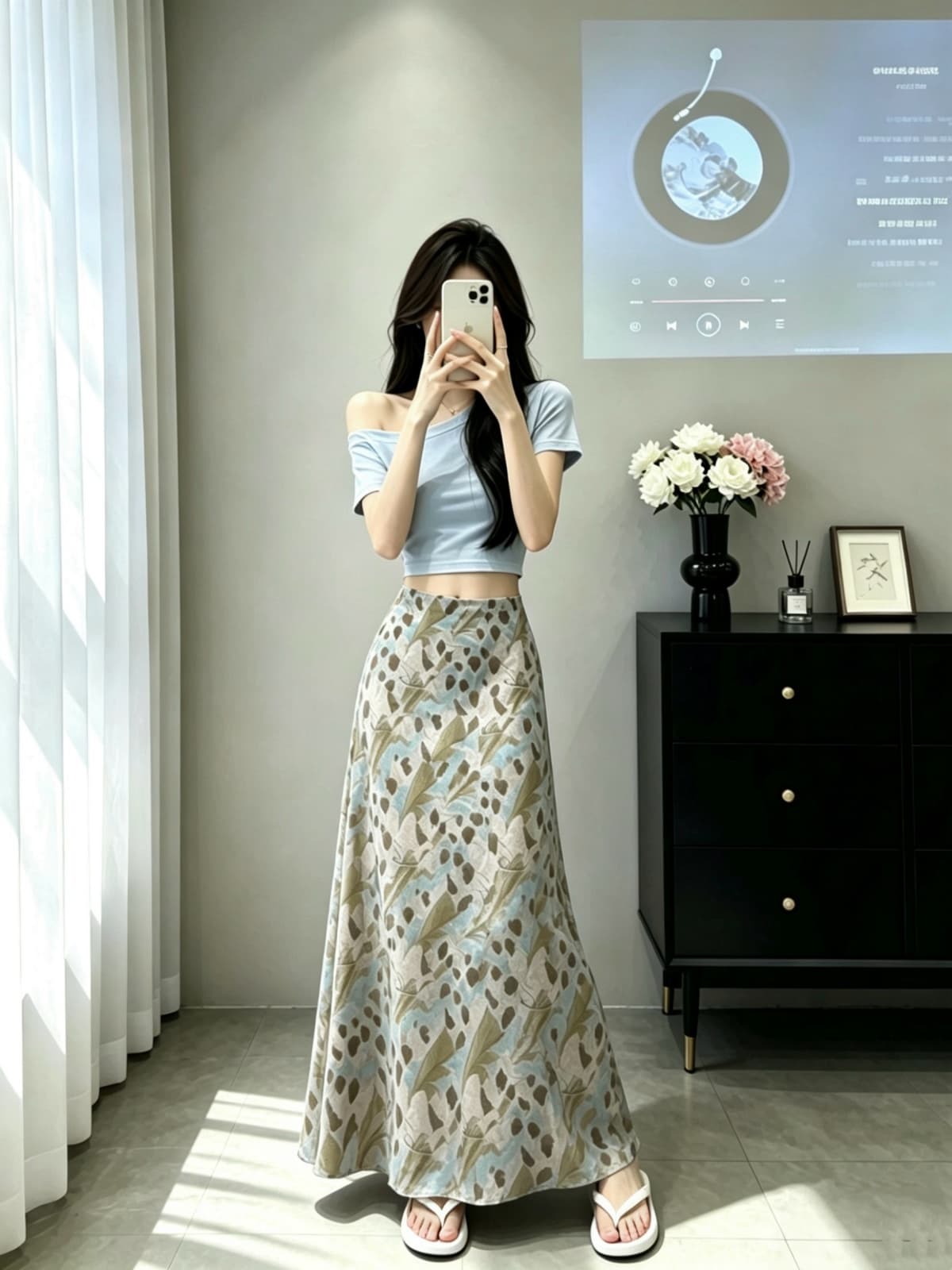 새로운 프랑스식 부드러운 바람 여름 블루 핑크색 길이 연장 디스플레이 높음 슬림해 보이는 반신 스커트 한 마디 꽃무늬 쉬폰 인어 꼬리 스커트 이미지 4