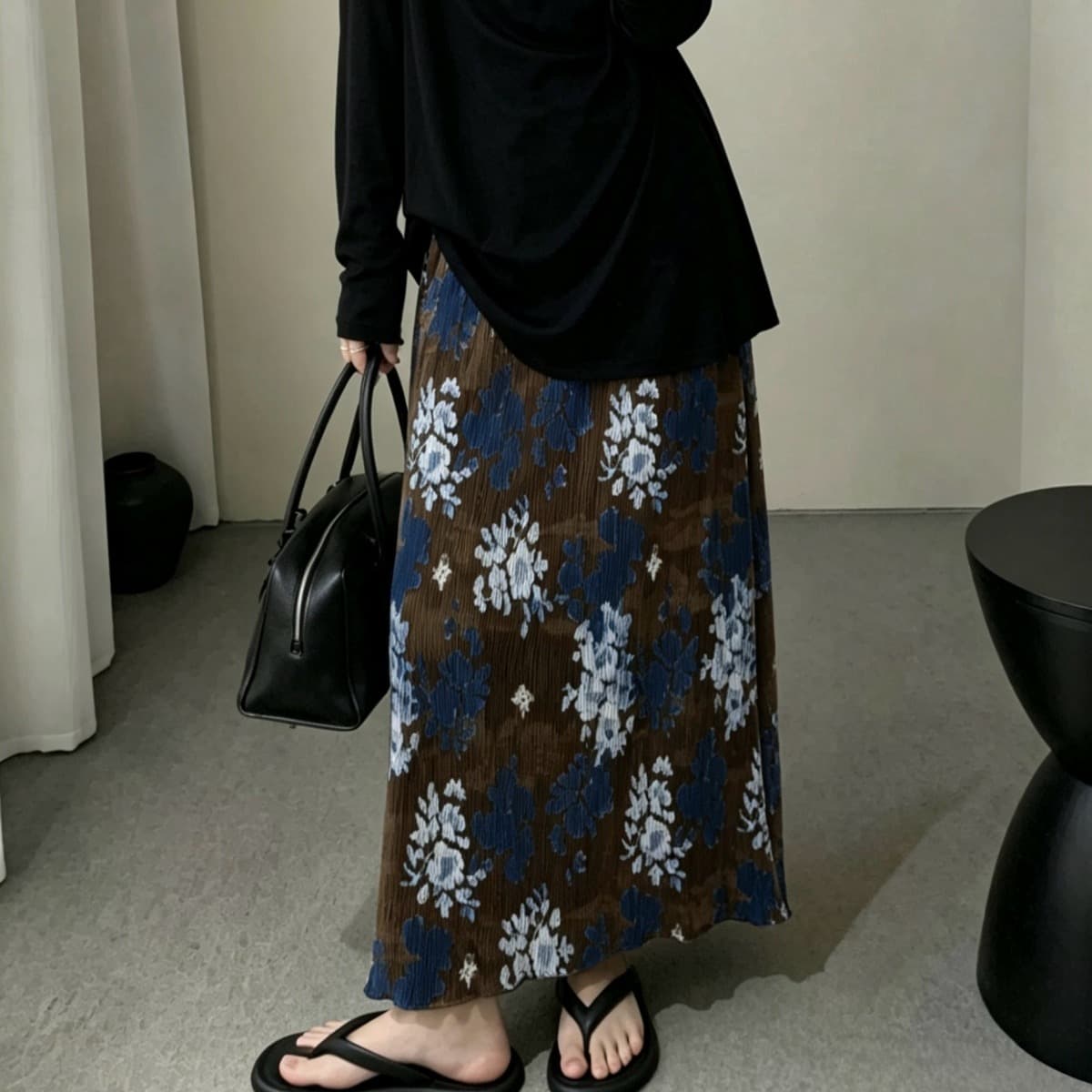 여름 새로운 한 부서 chic 느긋한 세 하우스 바람 꽃 플리츠 반신 스커트 홍콩 느낌 레트로 이후 트임 중간 길이 스커트 이미지 5