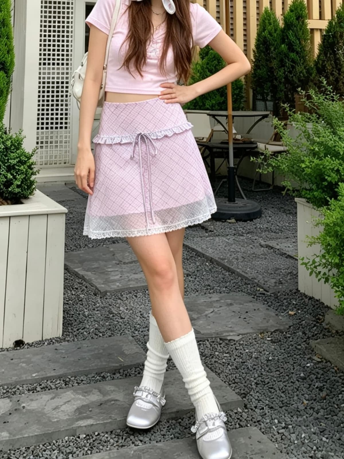 여름 새로운 한 부서 소녀 센스 프릴 나비 넥타이 반신 스커트 달콤함 체크무늬 쉬폰 한 마디 미니 스커트 상세 이미지 4