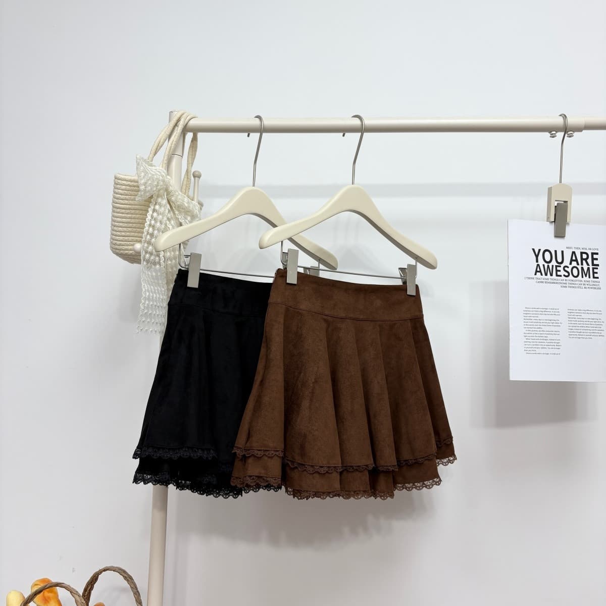 실사 가을 새로운 프랑스식 chic 레이스 레이스 패치워크 반신 스커트 스웨이드 원단 다용도 슬림해 보이는 한 마디 미니 스커트 이미지 6