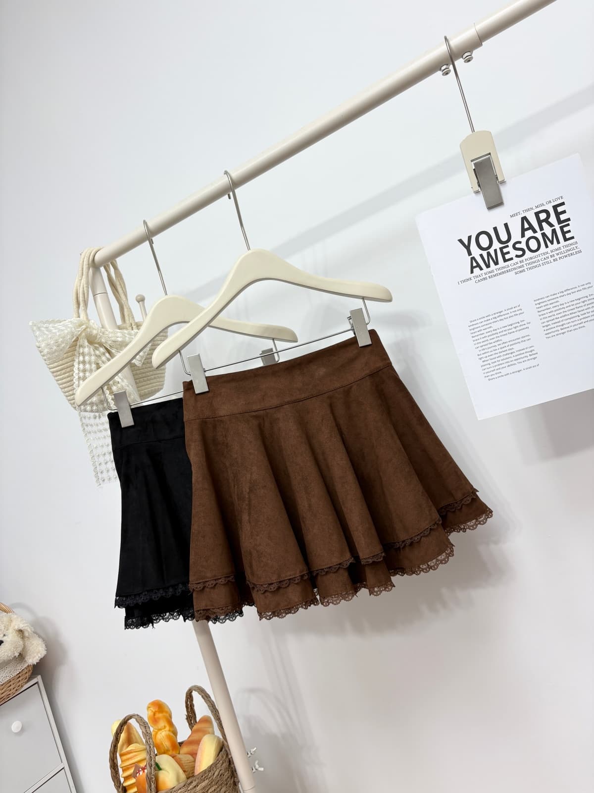 실사 가을 새로운 프랑스식 chic 레이스 레이스 패치워크 반신 스커트 스웨이드 원단 다용도 슬림해 보이는 한 마디 미니 스커트 상세 이미지 2