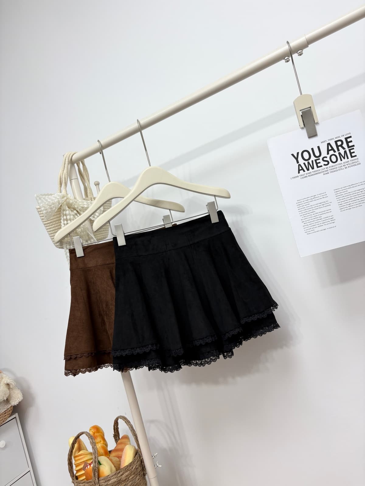 실사 가을 새로운 프랑스식 chic 레이스 레이스 패치워크 반신 스커트 스웨이드 원단 다용도 슬림해 보이는 한 마디 미니 스커트 상세 이미지 10
