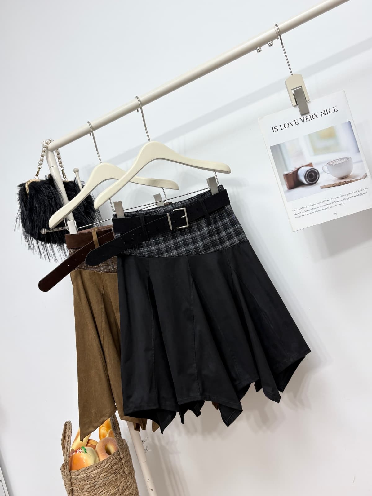 실사 가을 새로운 항구 바람 레트로 체크무늬 패치워크 사슴 캐시미어 반신 스커트 불규칙 디자인 센스 달콤한 차가운 중간 스커트 상세 이미지 11