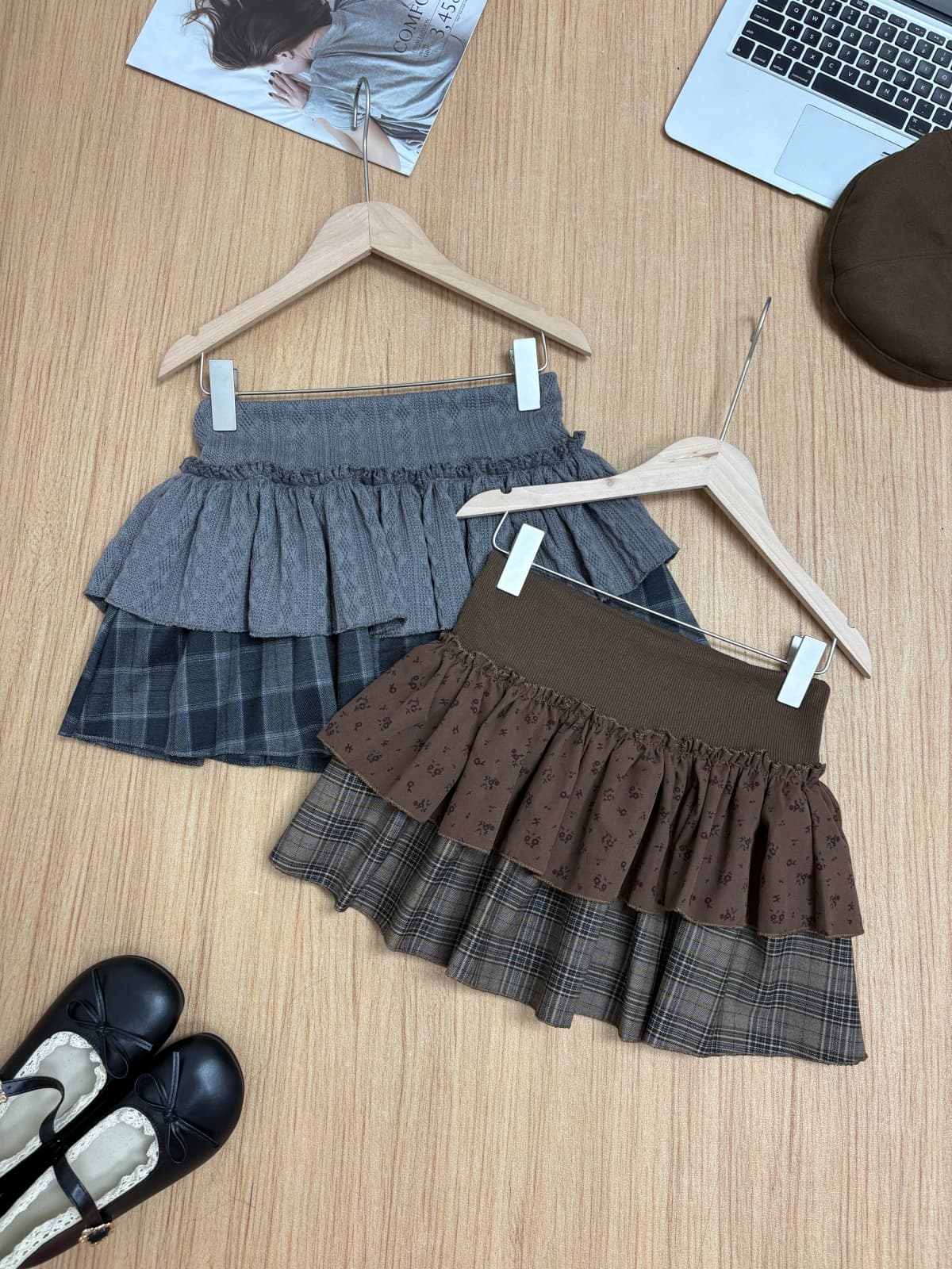 실사 가을 새로운 한 부서 달콤함 연령 감소 반신 스커트 꽃무늬 체크무늬 패치워크 케이크 드레스 인터넷 유명인 한 마디 미니 스커트 상세 이미지 5