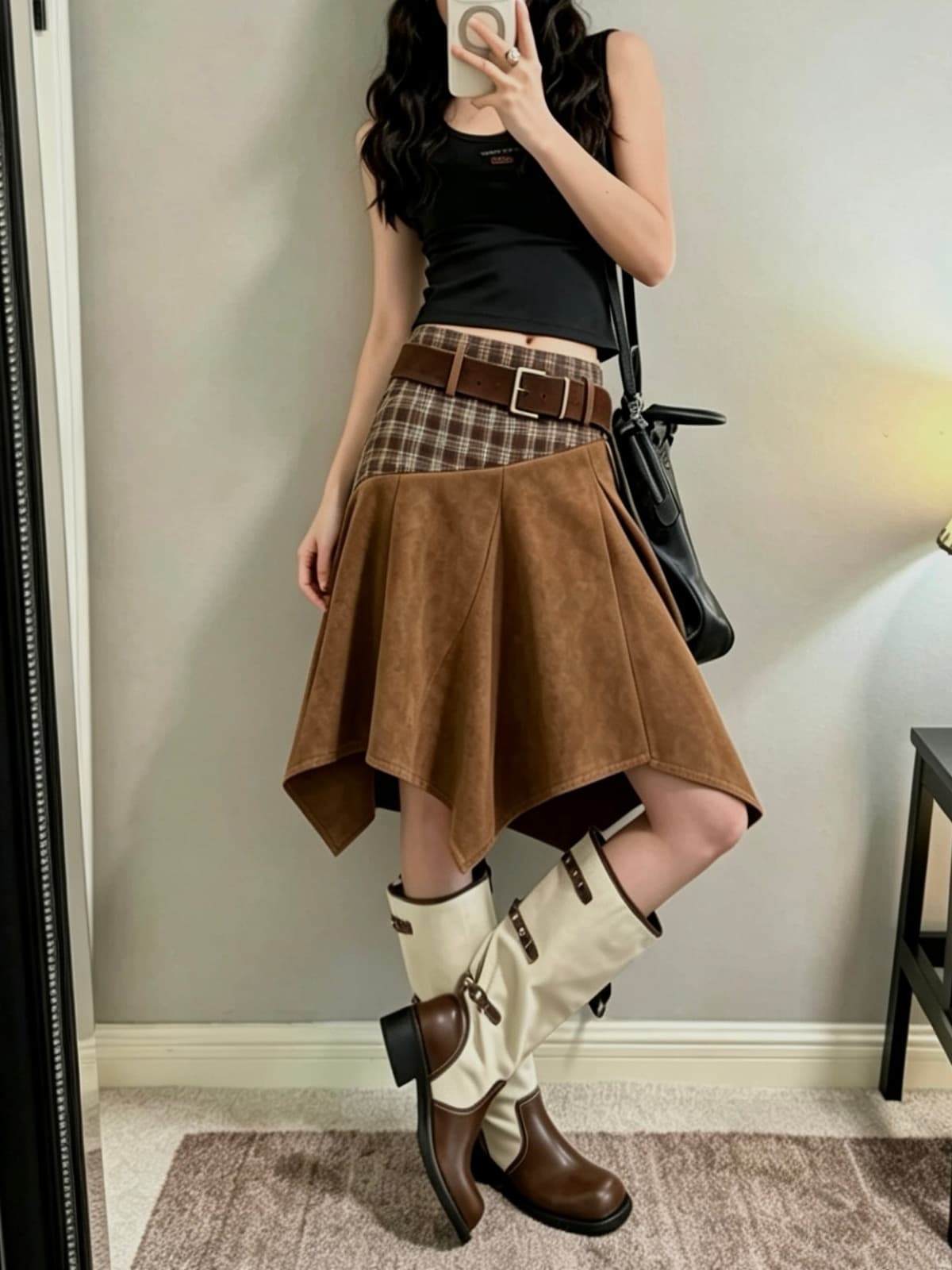 가을 새로운 항구 바람 레트로 체크무늬 패치워크 사슴 캐시미어 반신 스커트 불규칙 디자인 센스 달콤한 차가운 외국 가스 중간 스커트 이미지 2
