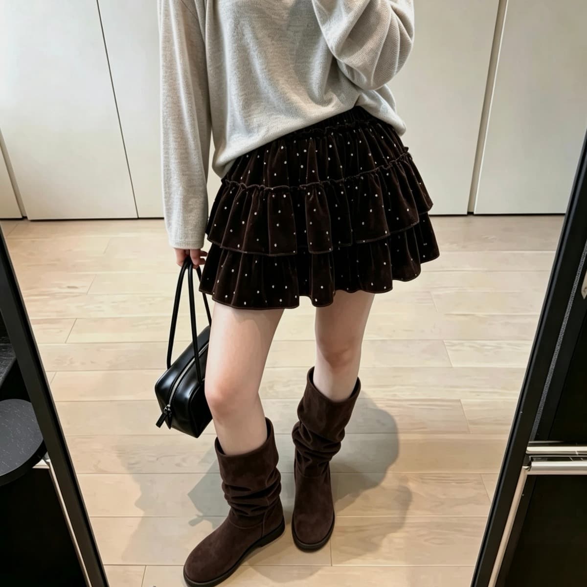 가을 새로운 한 부서 chic 도트 무늬 벨벳 반신 스커트 다용도 슬림해 보이는 한 마디 미니 스커트 연령 감소 퍼프 케이크 드레스 이미지 5