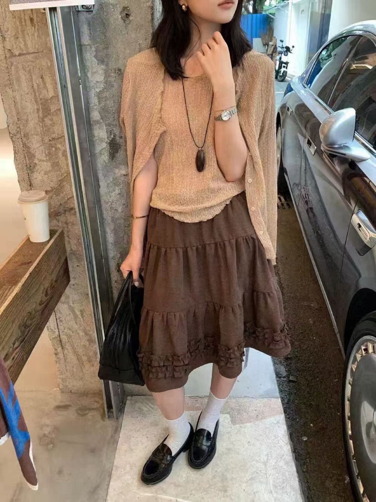 가을 2026 새로운 한 부서 chic 목이버섯 레이스 패치워크 반신 스커트 달콤함 연령 감소 한 마디 중간 스커트 5 점 치마 상세 이미지 1