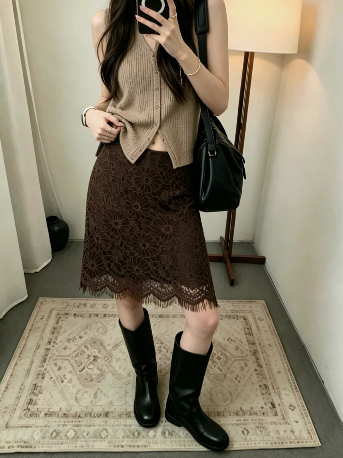 가을 새로운 한 스타일 중 고풍 품격 슬림해 보이는 레이스 꽃 연삭 털 식물 플러시 반신 스커트 한 마디 타이트 스커트 중간 스커트 상세 이미지 7