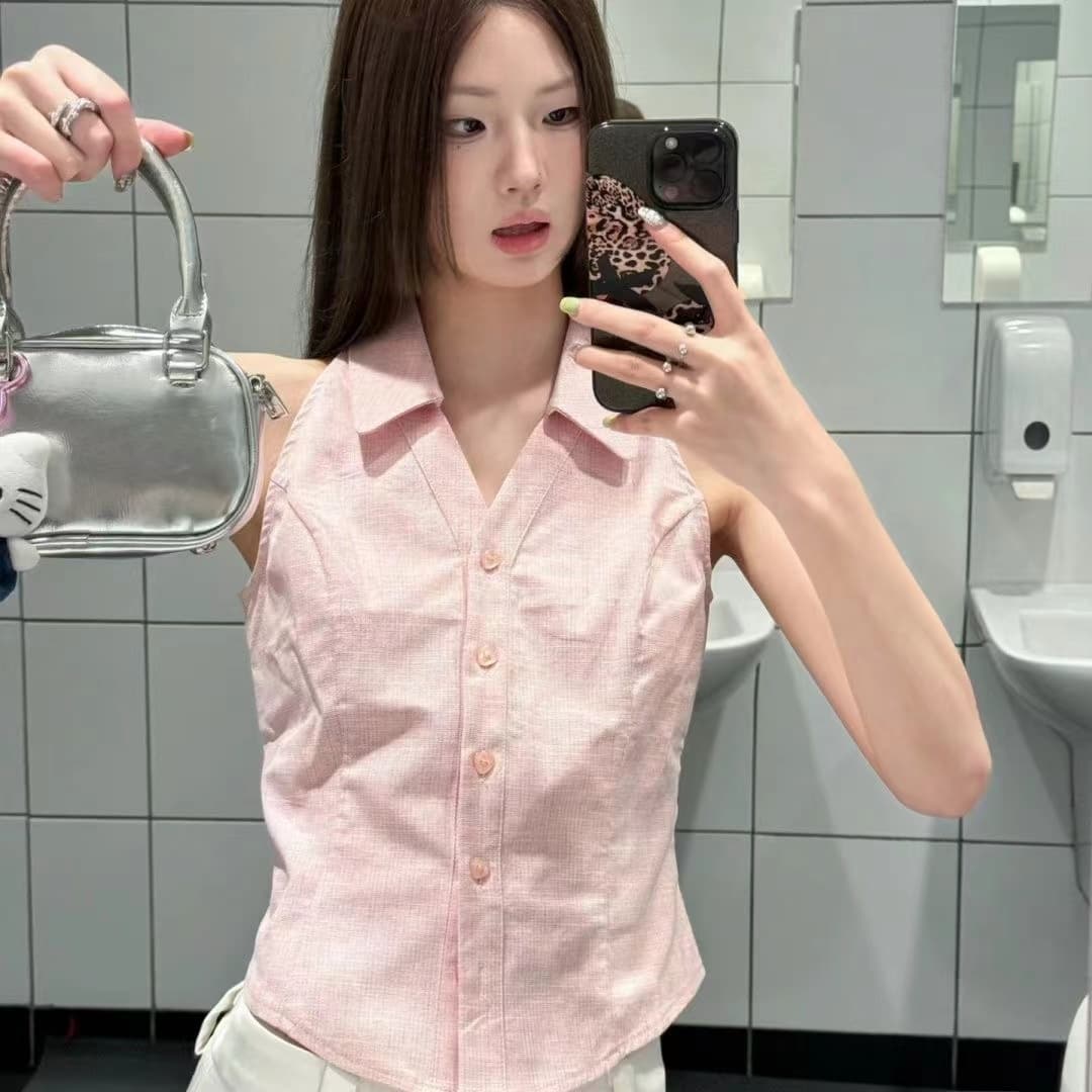 정가 정가 핑크색 도파민 핫걸 순수한 욕망 행침 목 조끼 여성 몸매 가꾸기 쇼트 스타일 외출용 오프숄더 민소매 맨위 이미지 3