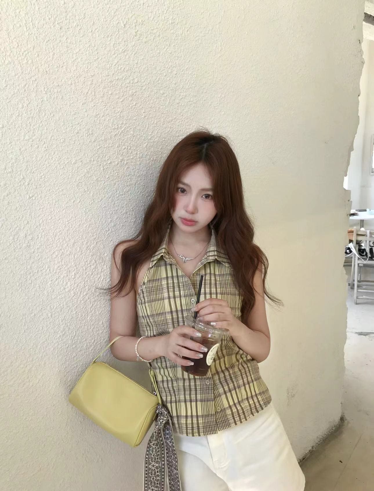 실사 정가 체크무늬 행침 목 작은 셔츠 백리스 민소매 셔츠 맨위 여성 여름 새로운 이미지 2