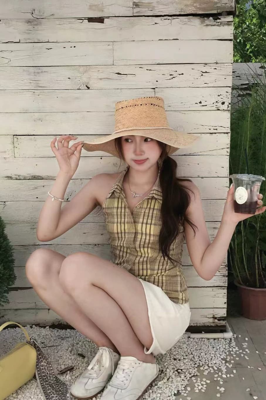 실사 정가 체크무늬 행침 목 작은 셔츠 백리스 민소매 셔츠 맨위 여성 여름 새로운 이미지 5
