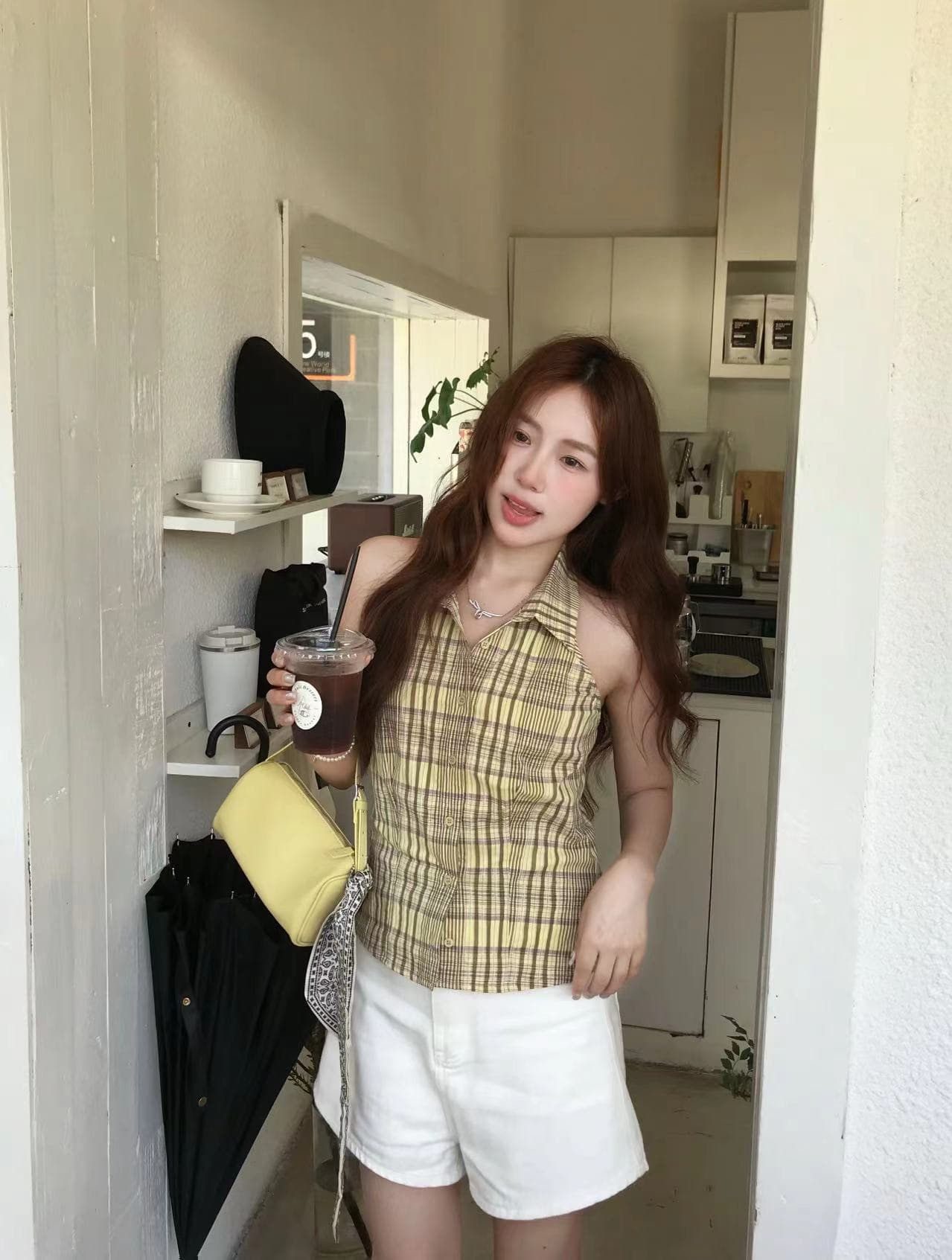 실사 정가 체크무늬 행침 목 작은 셔츠 백리스 민소매 셔츠 맨위 여성 여름 새로운 상세 이미지 1