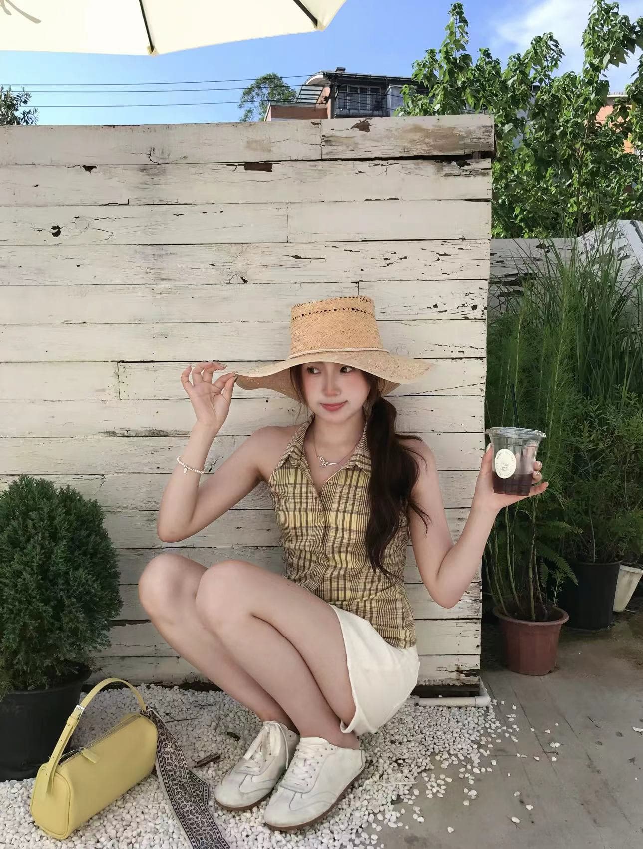실사 정가 체크무늬 행침 목 작은 셔츠 백리스 민소매 셔츠 맨위 여성 여름 새로운 상세 이미지 9