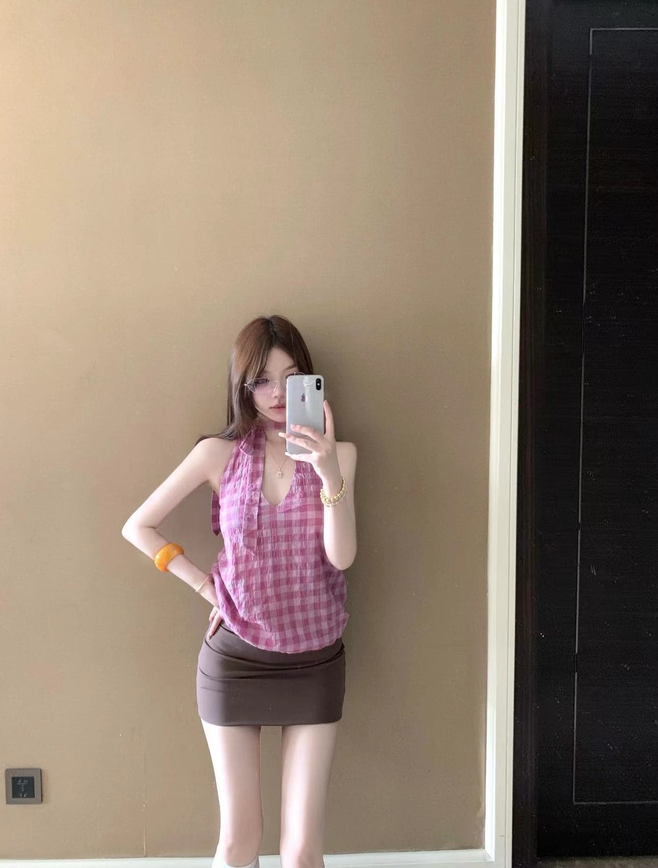 실사 정가 클래식 체크무늬 레이스업 행침 목 깊은 v 캐미솔 여름 새로운 민소매 맨위 상세 이미지 4