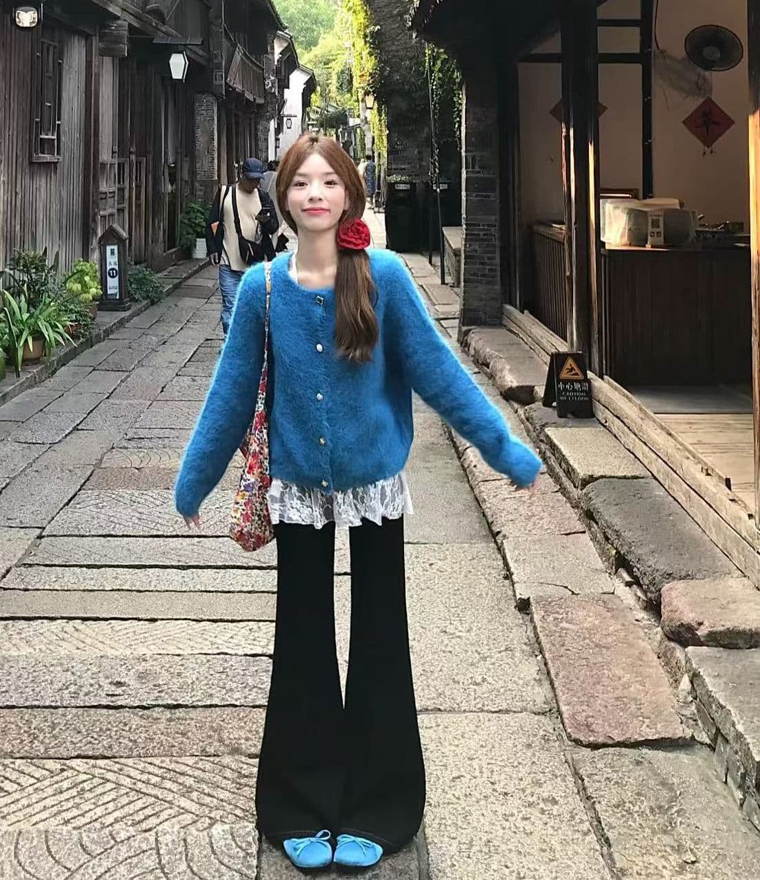실사 정가 톰 글 래 원인 파란색 니트 오픈 가디건 여성 가을 겨울 새로운 느긋한 바람 루즈핏 외출용 스웨터 코트 상세 이미지 6