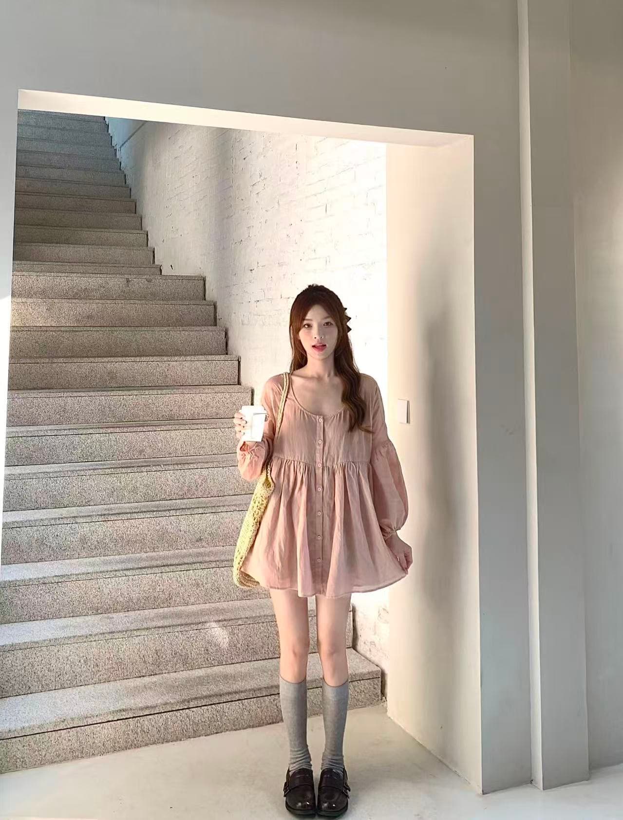 실사 정가 가을 루즈핏 첫사랑 부서 핑크색 인형 치마 여성 상세 이미지 3