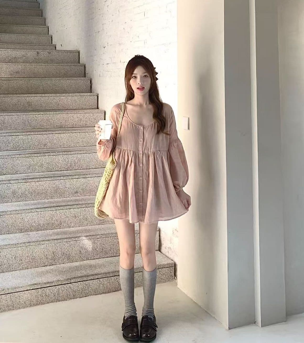 실사 정가 가을 루즈핏 첫사랑 부서 핑크색 인형 치마 여성 상세 이미지 4