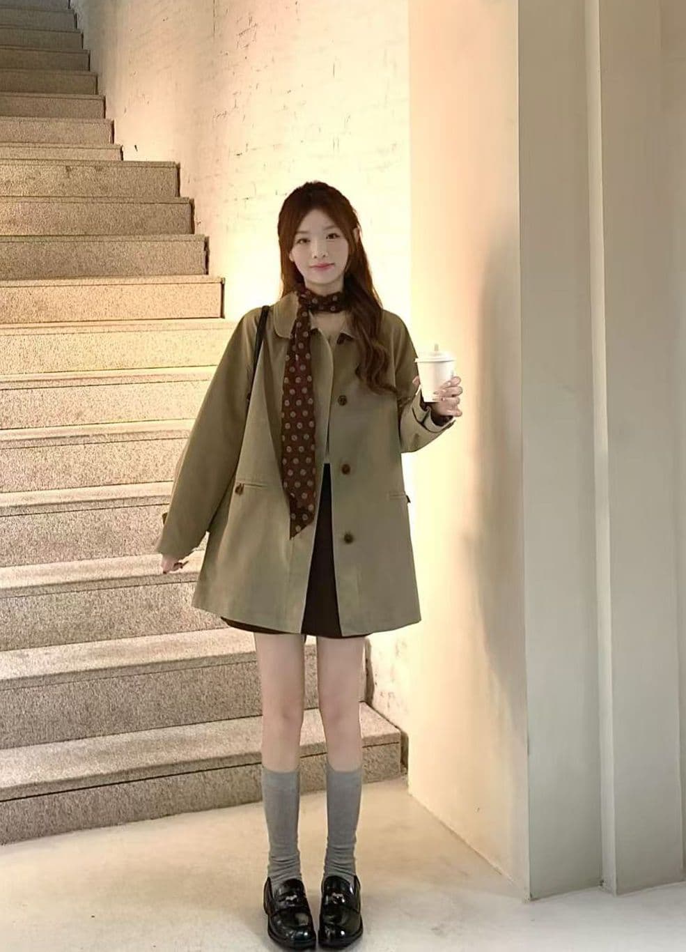 실사 정가 질감 전체 한 부서 폴로 칼라 작은 키 중간 길이 바람막이 여성 코트 가을 이미지 2