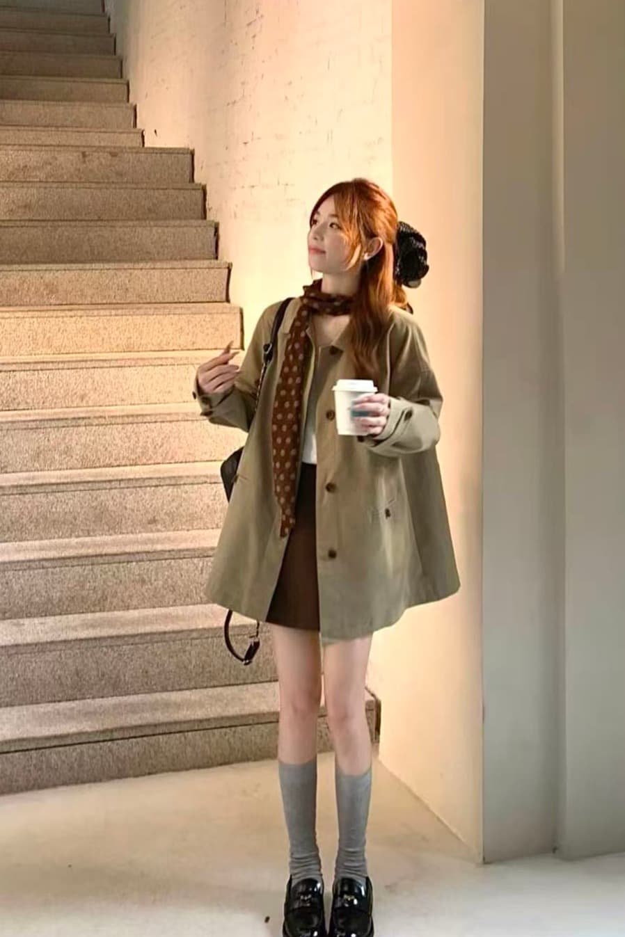 실사 정가 질감 전체 한 부서 폴로 칼라 작은 키 중간 길이 바람막이 여성 코트 가을 이미지 5