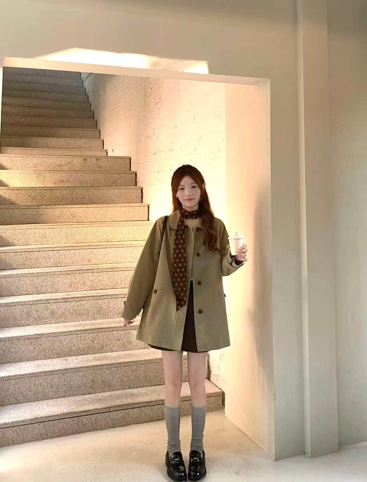 실사 정가 질감 전체 한 부서 폴로 칼라 작은 키 중간 길이 바람막이 여성 코트 가을 상세 이미지 3