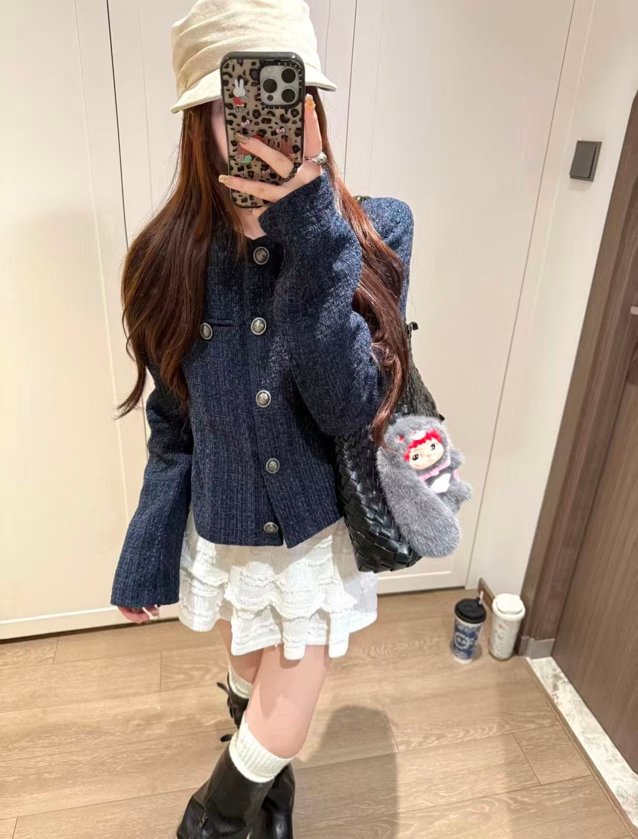 실사 정가 한 부서 chic 작은 샤넬 스타일 짧은 여성 코트 가을 품격 레트로 루즈핏 긴팔 오픈 가디건 맨위